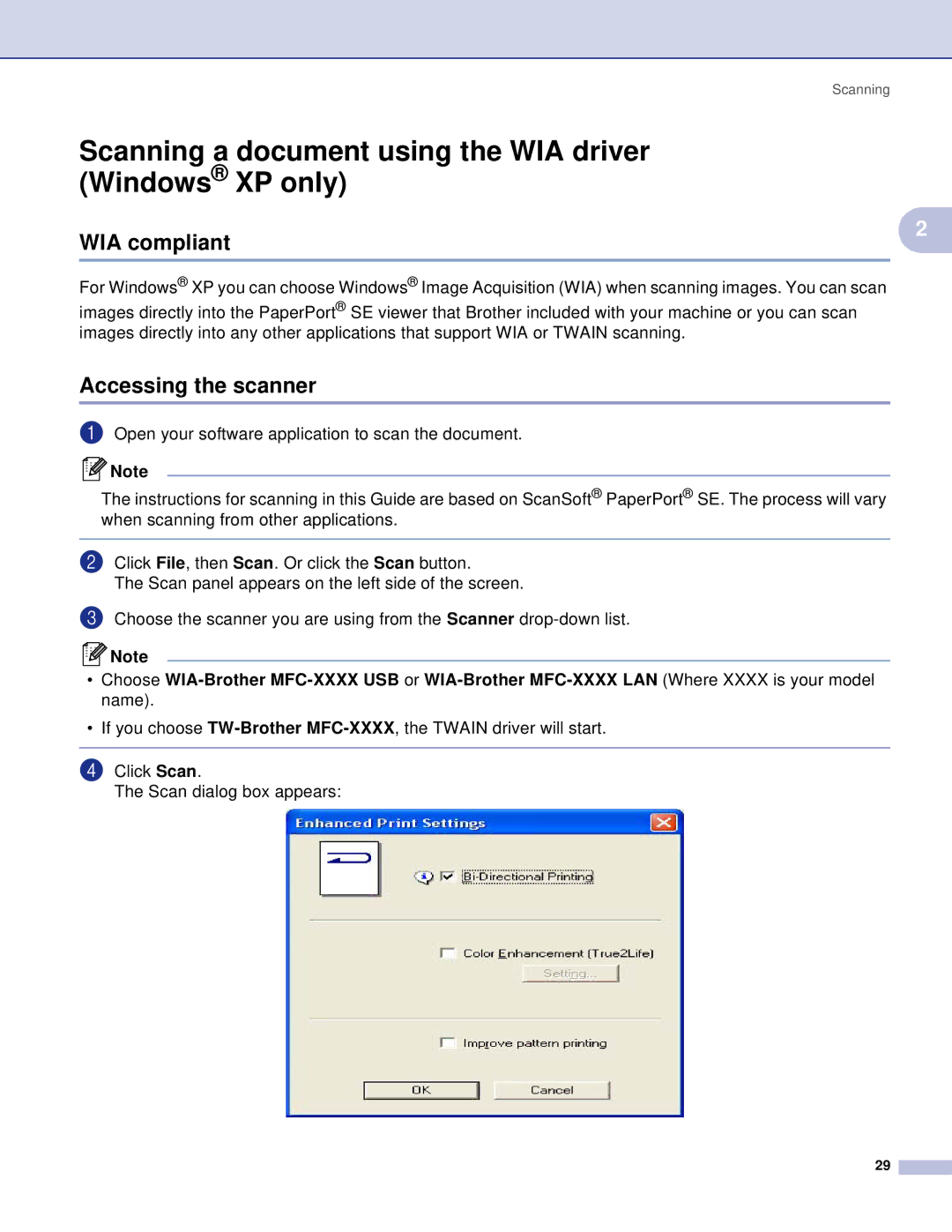 Brother DCP, MFC manual Scanning a document using the WIA driver Windows XP only, WIA compliant 