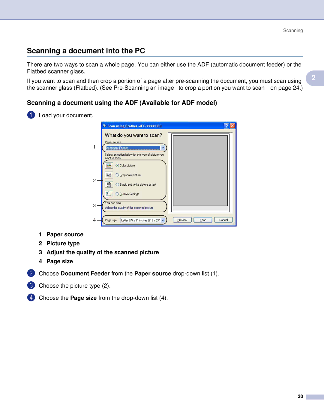 Brother MFC, DCP manual Scanning a document into the PC, Scanning a document using the ADF Available for ADF model 