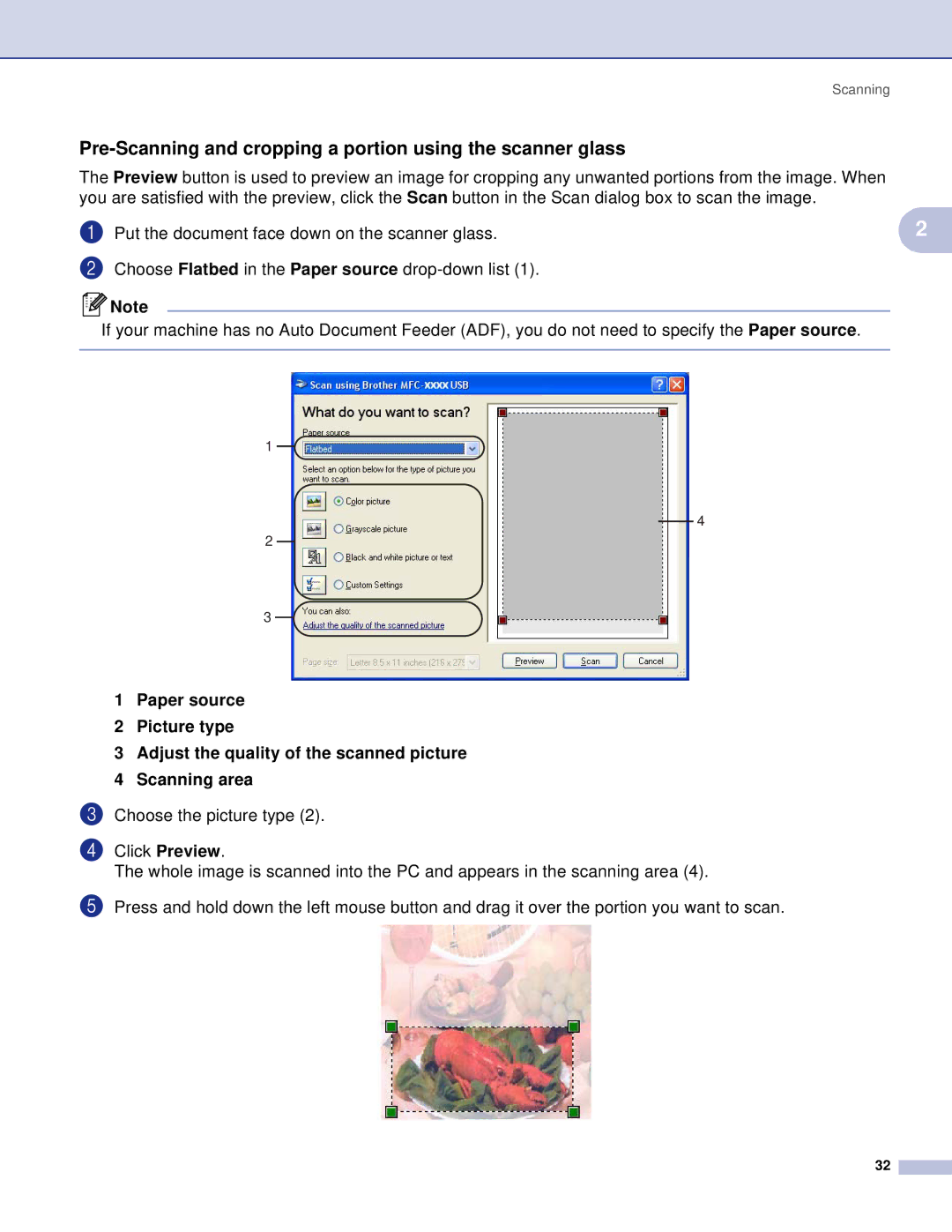 Brother MFC, DCP manual Pre-Scanning and cropping a portion using the scanner glass 