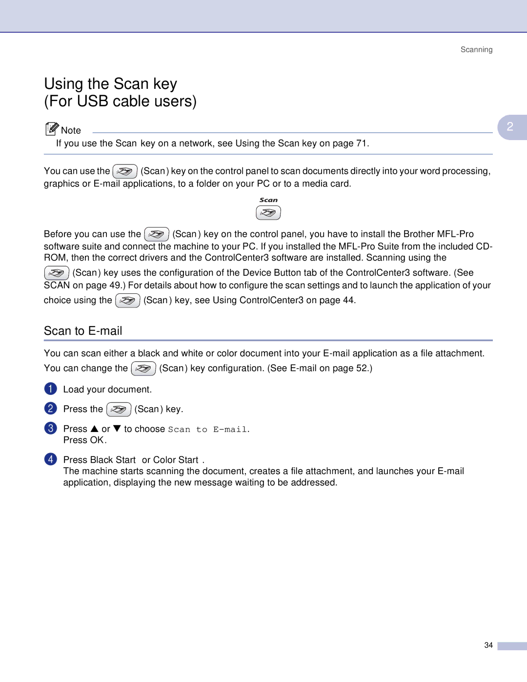 Brother MFC, DCP manual Using the Scan key For USB cable users, Scan to E-mail, Press Black Start or Color Start 