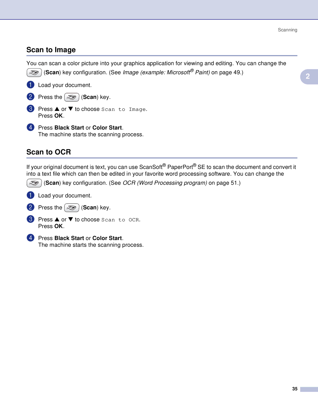 Brother DCP, MFC manual Scan to Image, Scan to OCR 