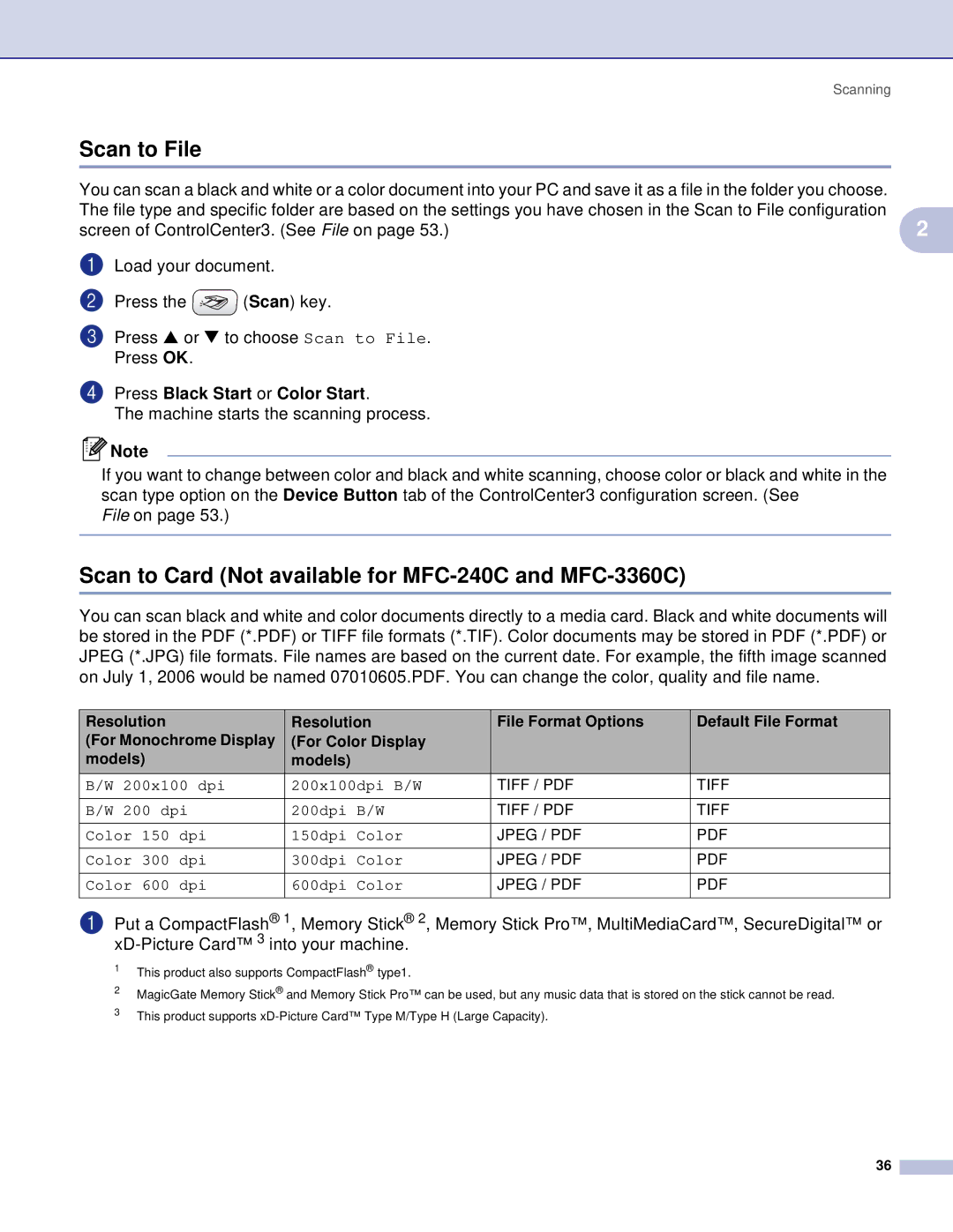 Brother DCP manual Scan to File, Scan to Card Not available for MFC-240C and MFC-3360C 