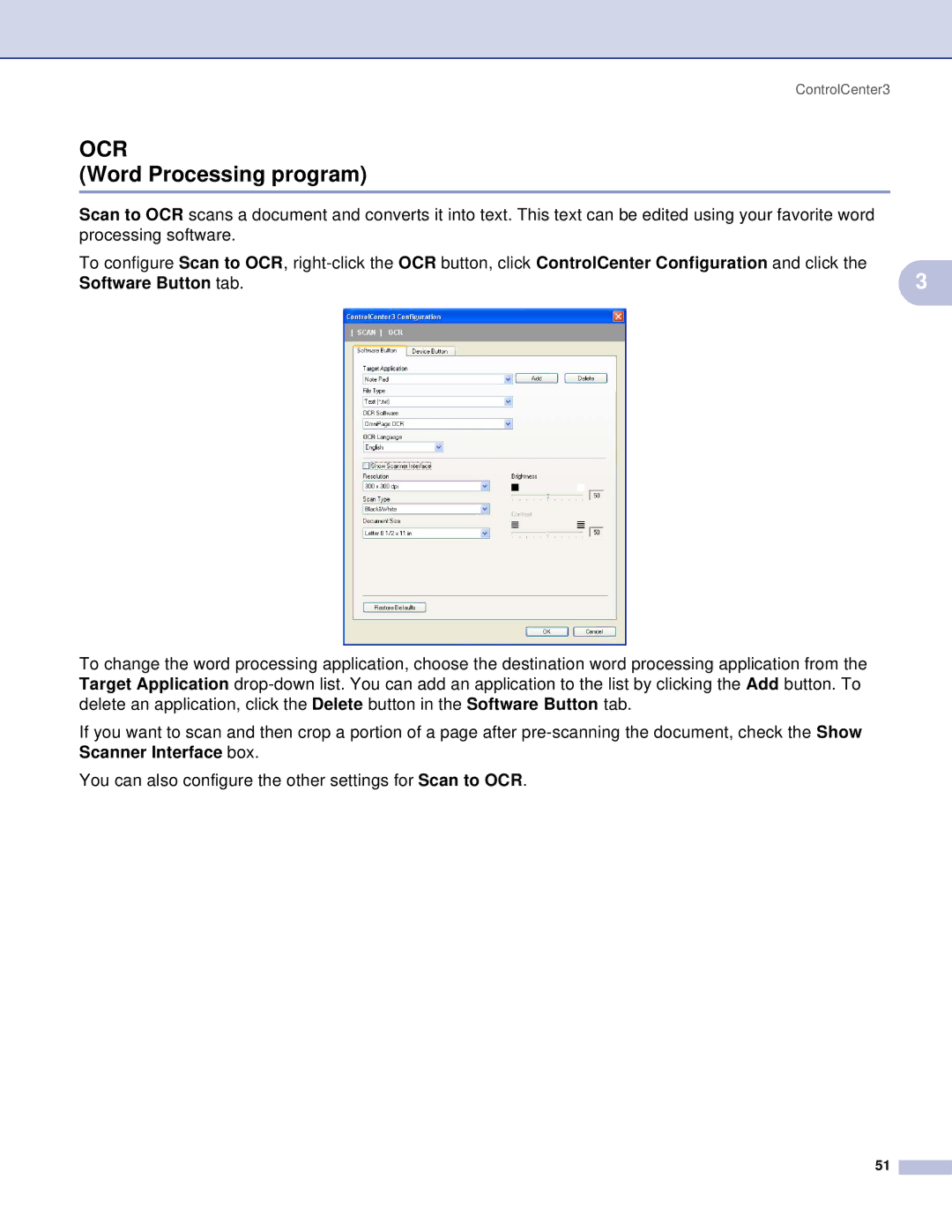 Brother DCP, MFC manual Word Processing program, Software Button tab 