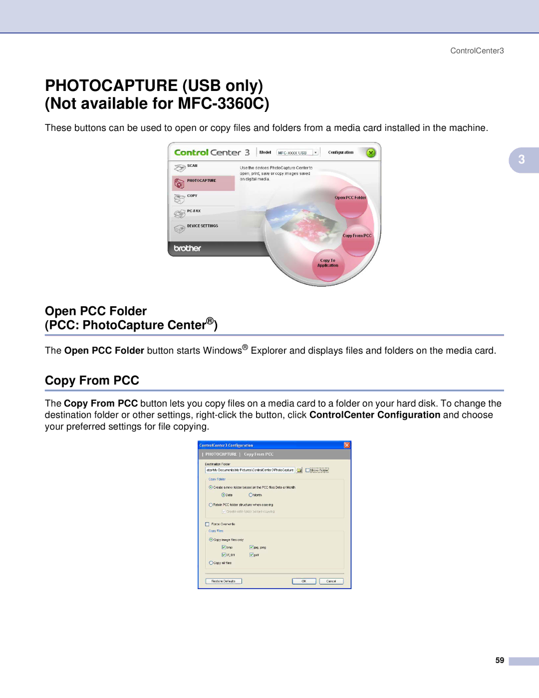 Brother DCP Photocapture USB only Not available for MFC-3360C, Open PCC Folder PCC PhotoCapture Center, Copy From PCC 