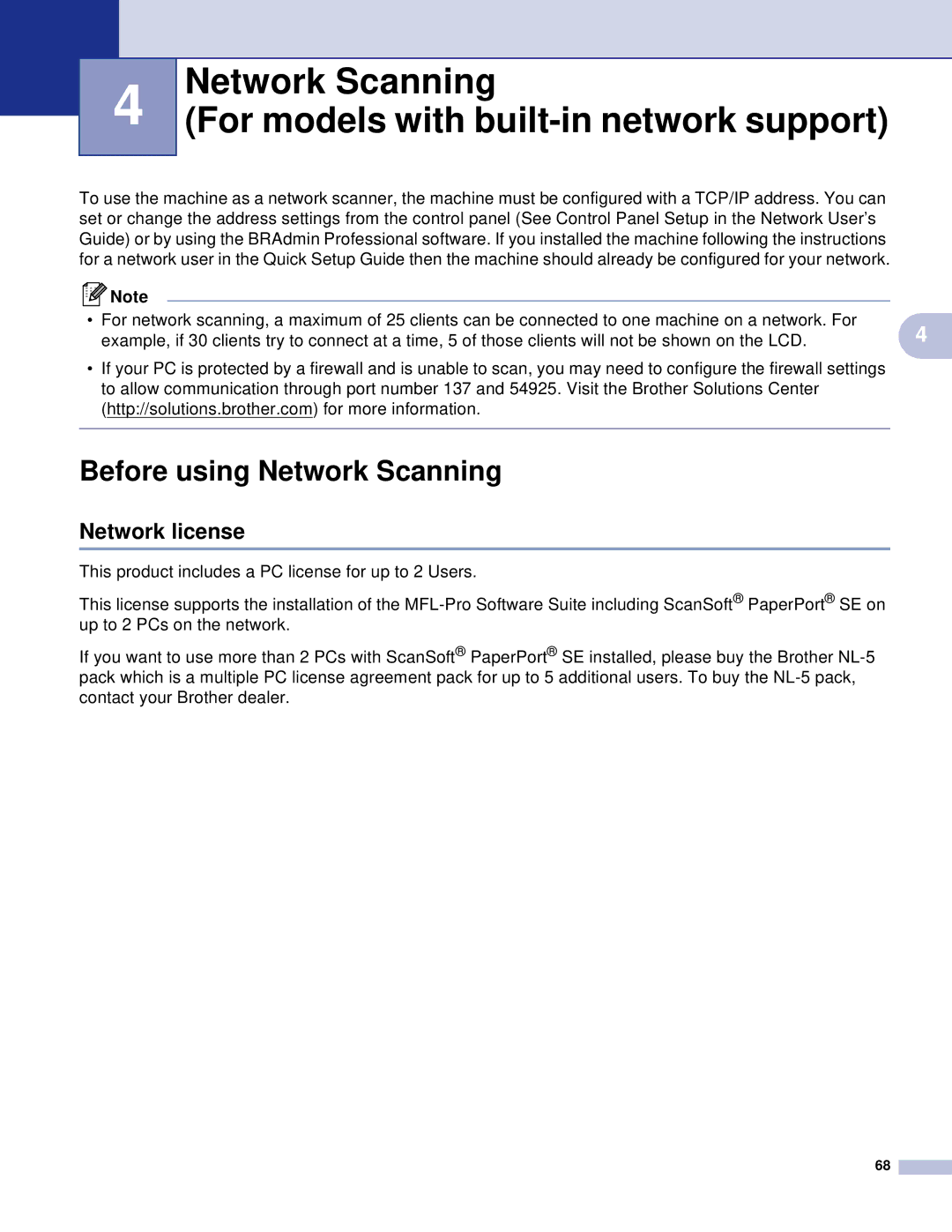 Brother MFC, DCP Network Scanning For models with built-in network support, Before using Network Scanning, Network license 