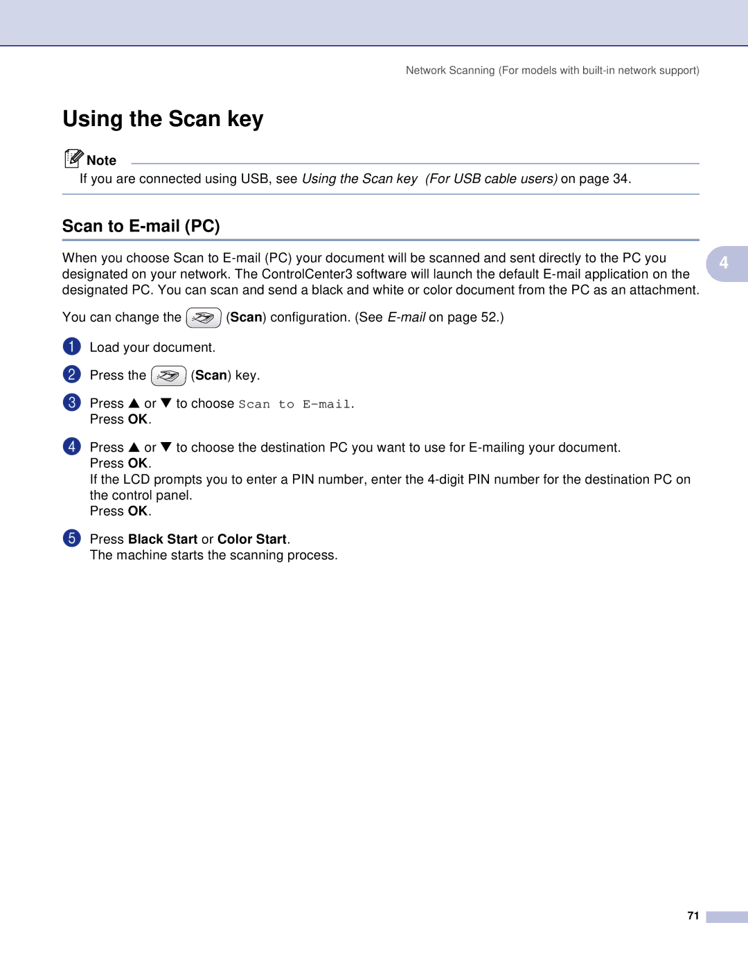 Brother DCP, MFC manual Using the Scan key, Scan to E-mail PC 