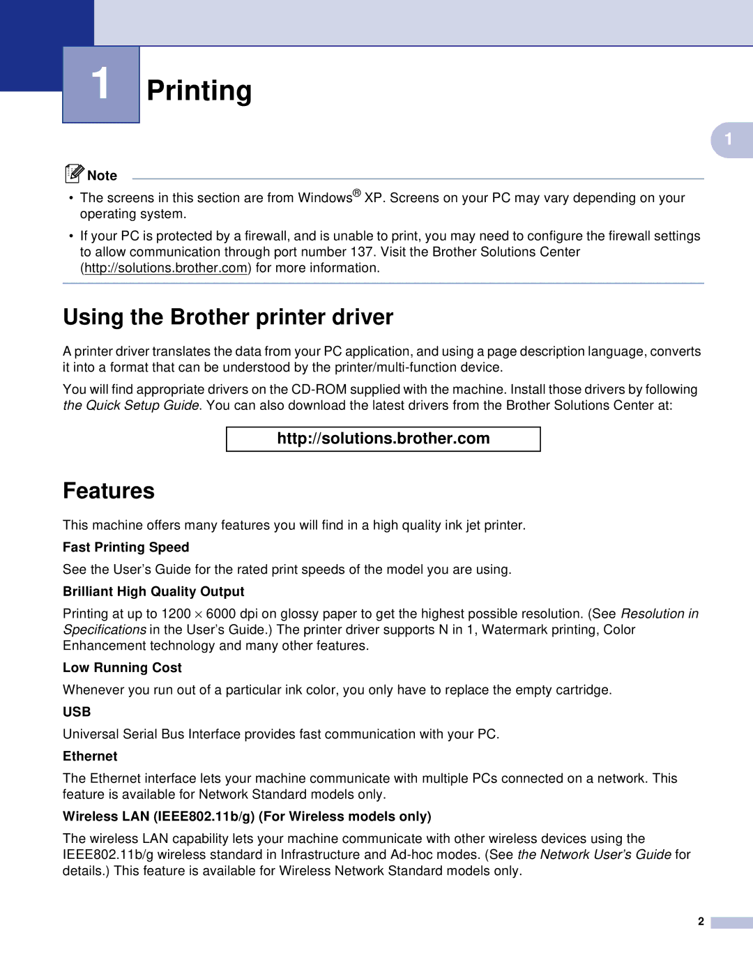 Brother MFC, DCP manual Printing, Using the Brother printer driver, Features 