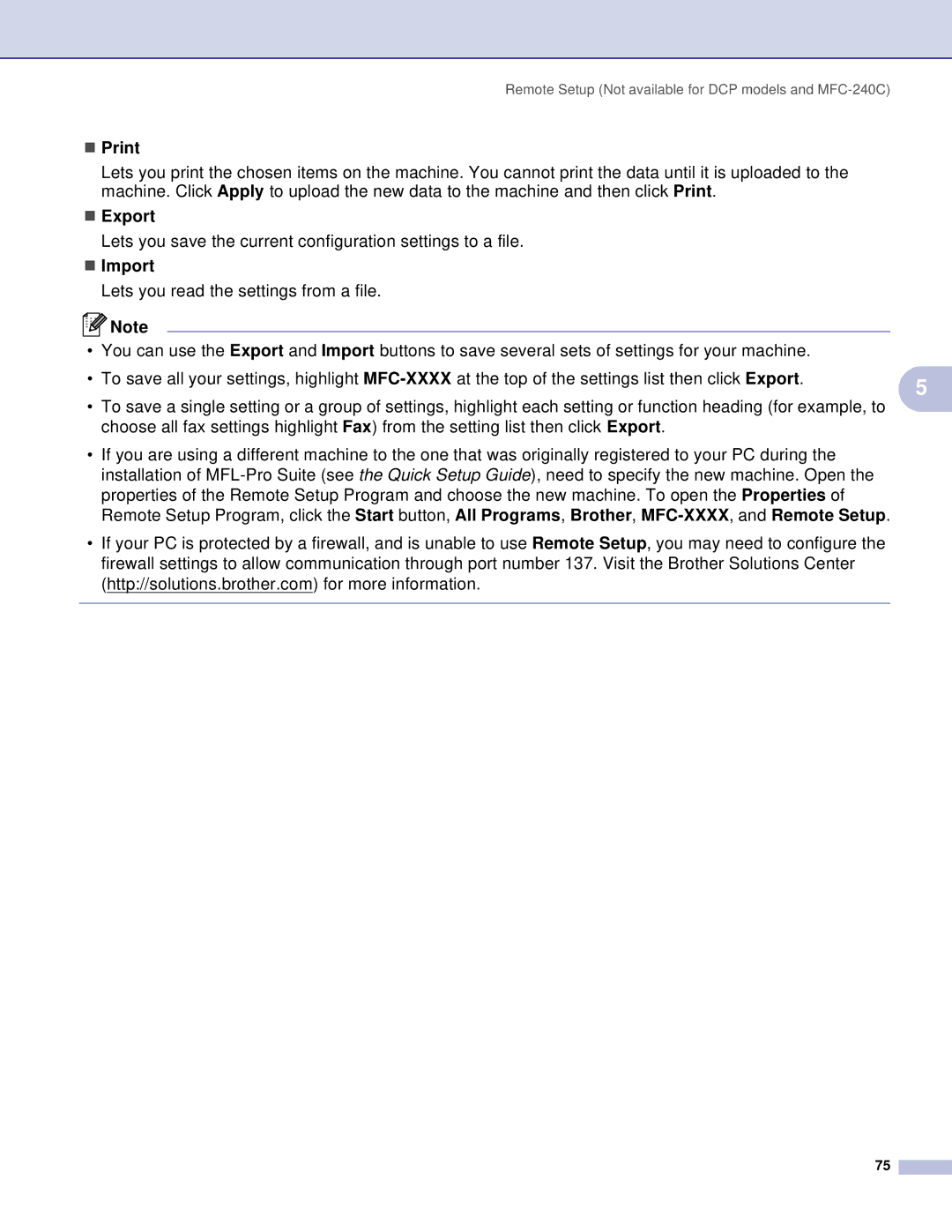 Brother DCP, MFC manual „ Print, „ Export, „ Import 