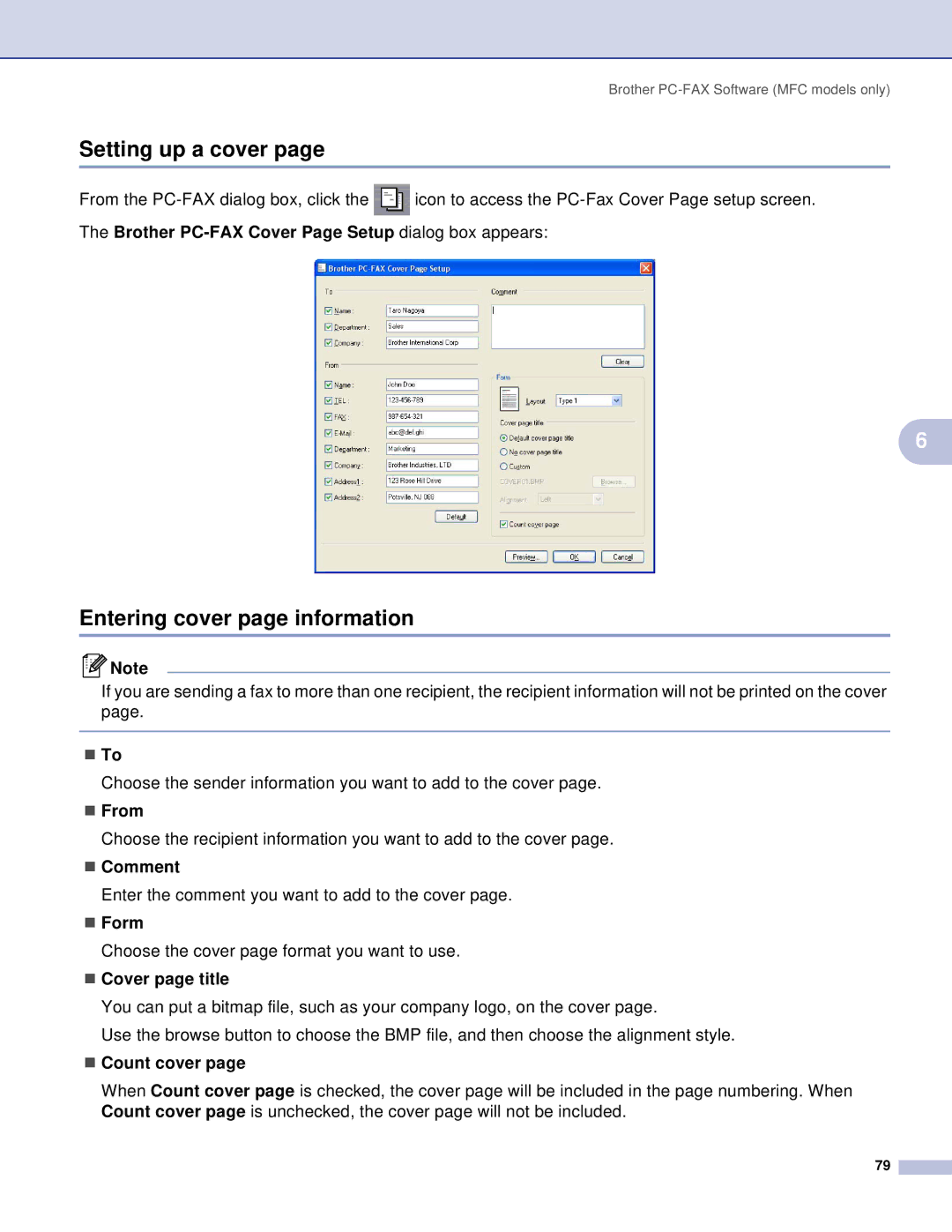 Brother DCP, MFC manual Setting up a cover, Entering cover page information 