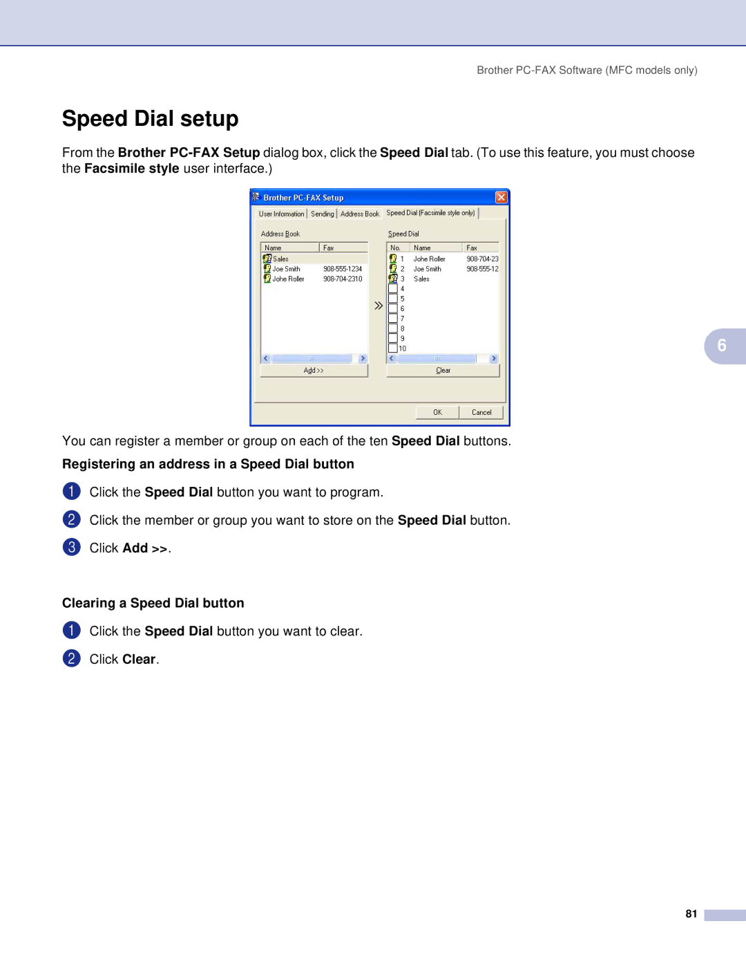 Brother DCP, MFC manual Speed Dial setup, Registering an address in a Speed Dial button, Clearing a Speed Dial button 