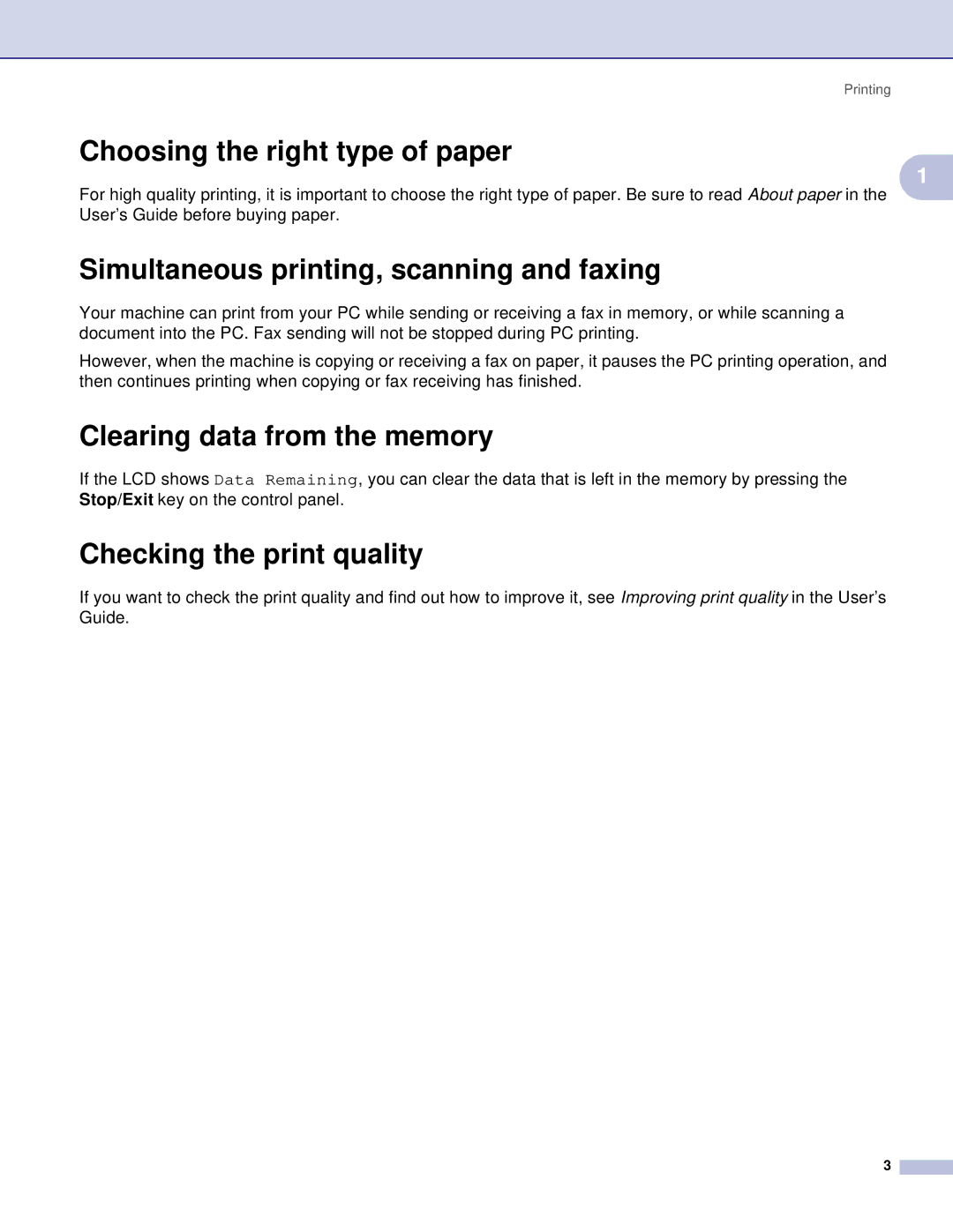 Brother DCP Choosing the right type of paper, Simultaneous printing, scanning and faxing, Clearing data from the memory 