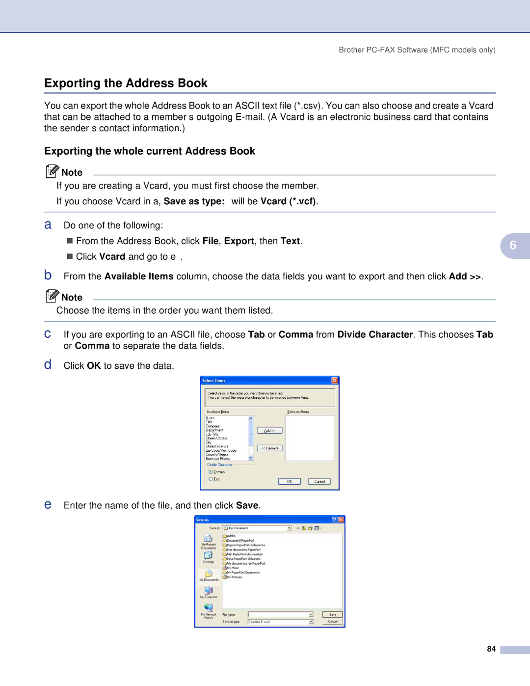 Brother MFC, DCP manual Exporting the Address Book, Exporting the whole current Address Book 