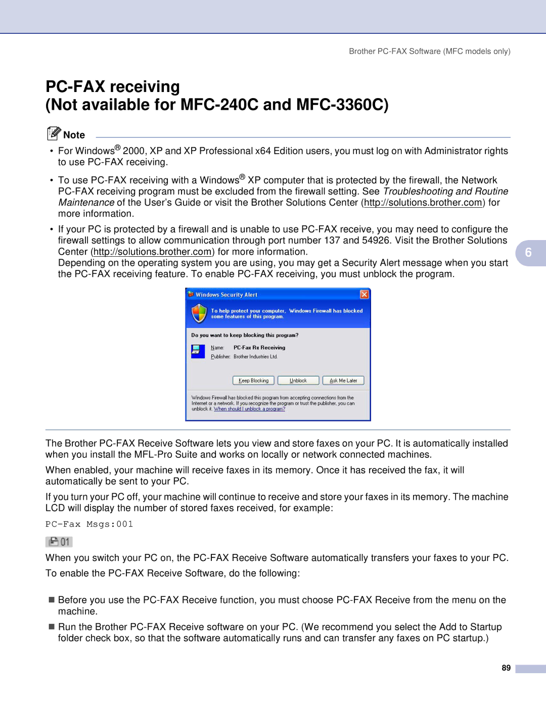 Brother DCP manual PC-FAX receiving Not available for MFC-240C and MFC-3360C, PC-Fax Msgs001 