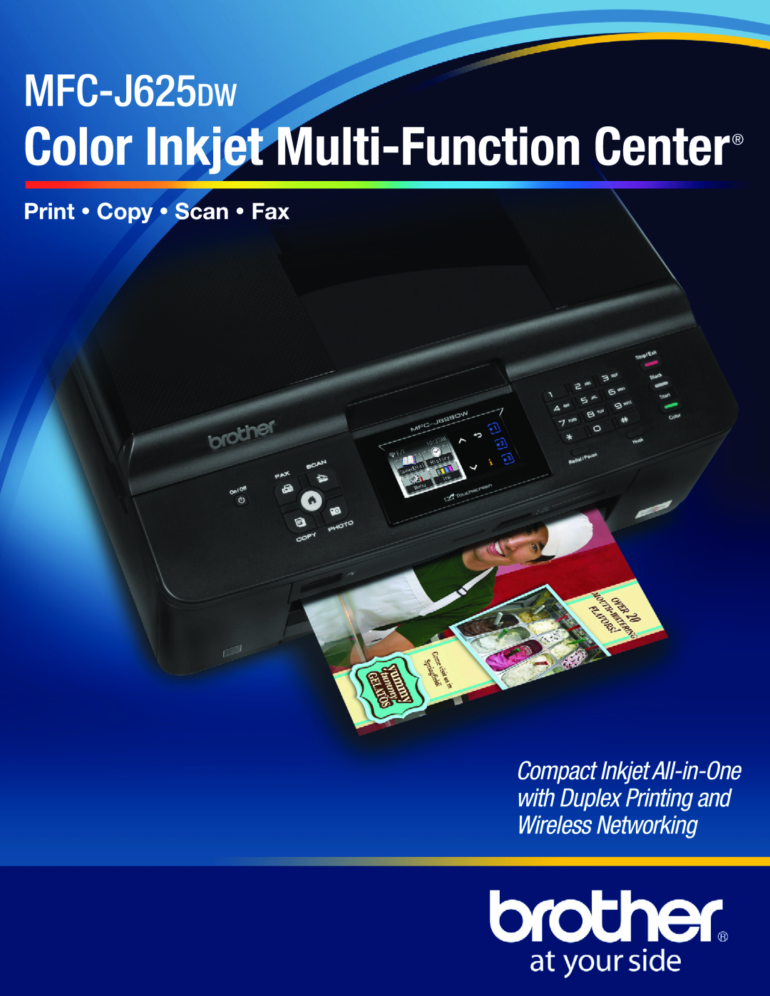 Brother MFC-J625W manual Color Inkjet Multi-Function Center, MFC-J625dw, BRO4982-MFCj625dwCatPg-082211 