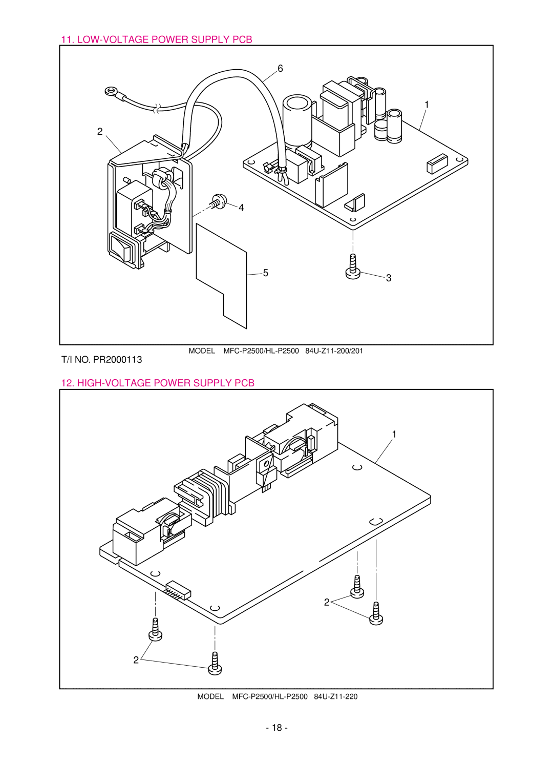 Brother MFC-P2500, HL-P2500 manual LOW-VOLTAGE Power Supply PCB, HIGH-VOLTAGE Power Supply PCB 