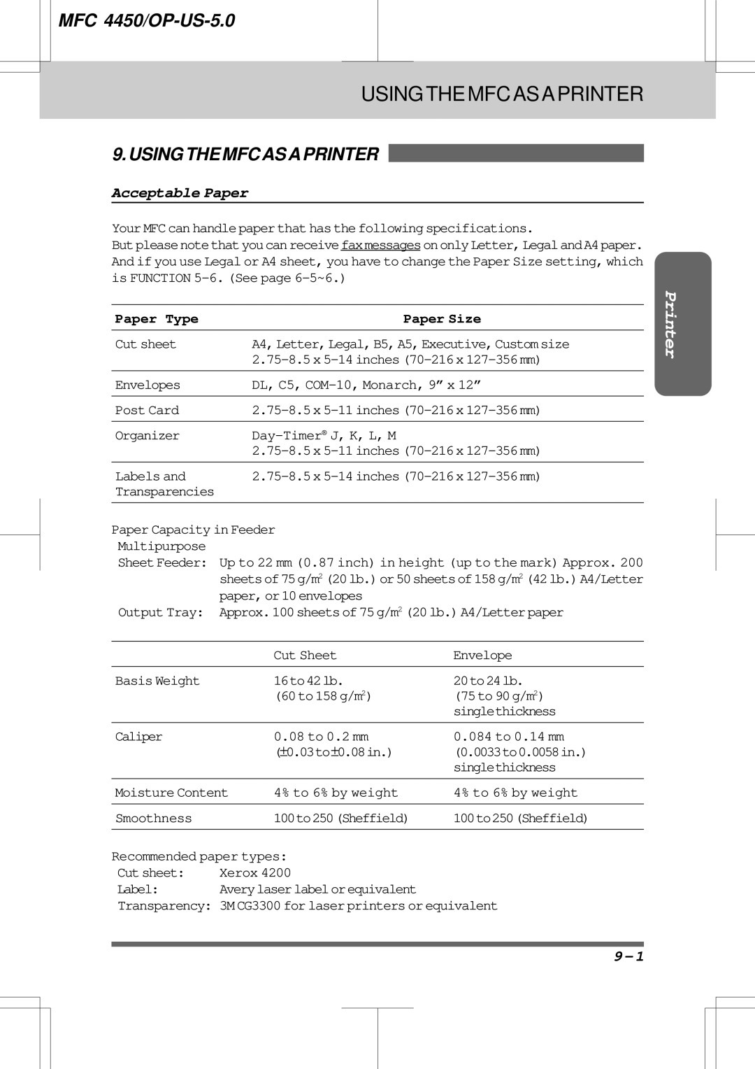 Brother MFC4450 manual Using the MFC AS a Printer, Acceptable Paper, Is Function 5-6. See page 6-5~6, Paper Type Paper Size 