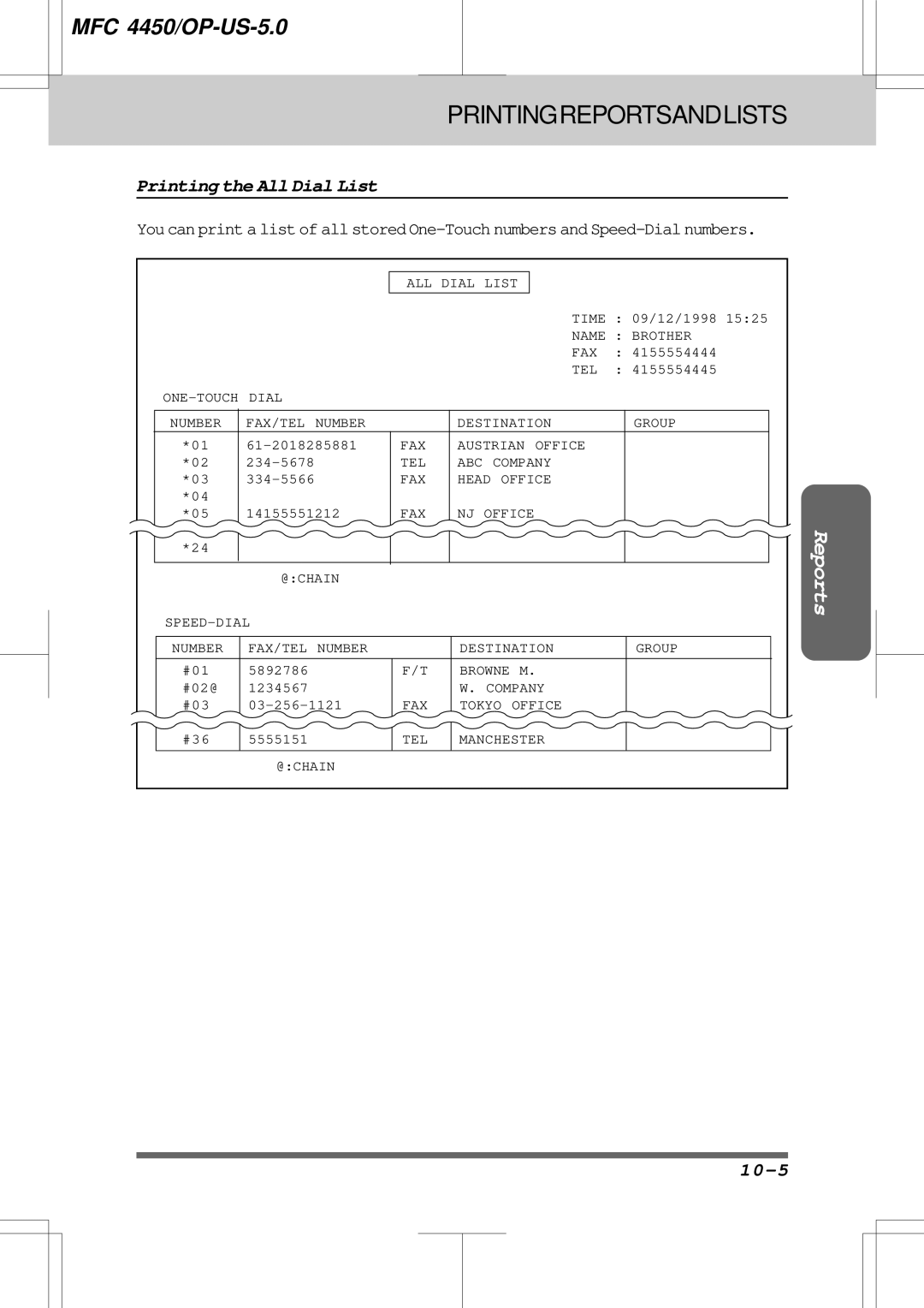 Brother MFC4450 manual Printing the All Dial List, 10-5 