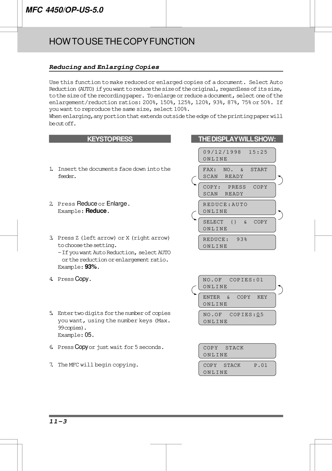 Brother MFC4450 manual Reducing and Enlarging Copies, 11-3 