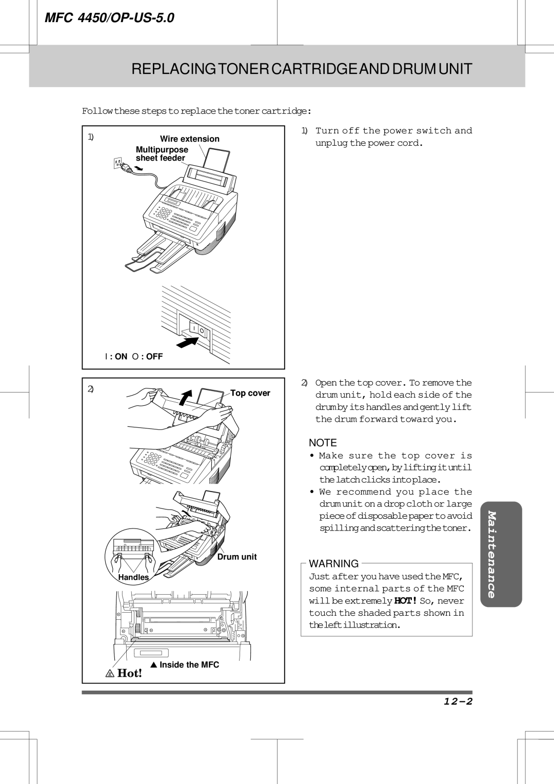 Brother MFC4450 manual 12-2, Followthesestepstoreplacethetonercartridge 