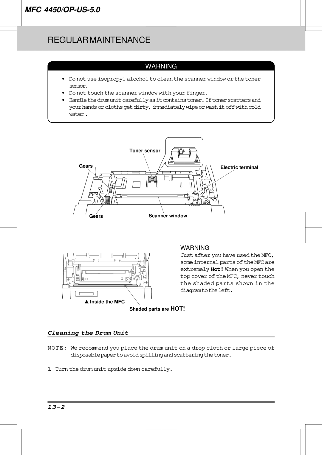 Brother MFC4450 manual Cleaning the Drum Unit, 13-2, Turn the drum unit upside down carefully 