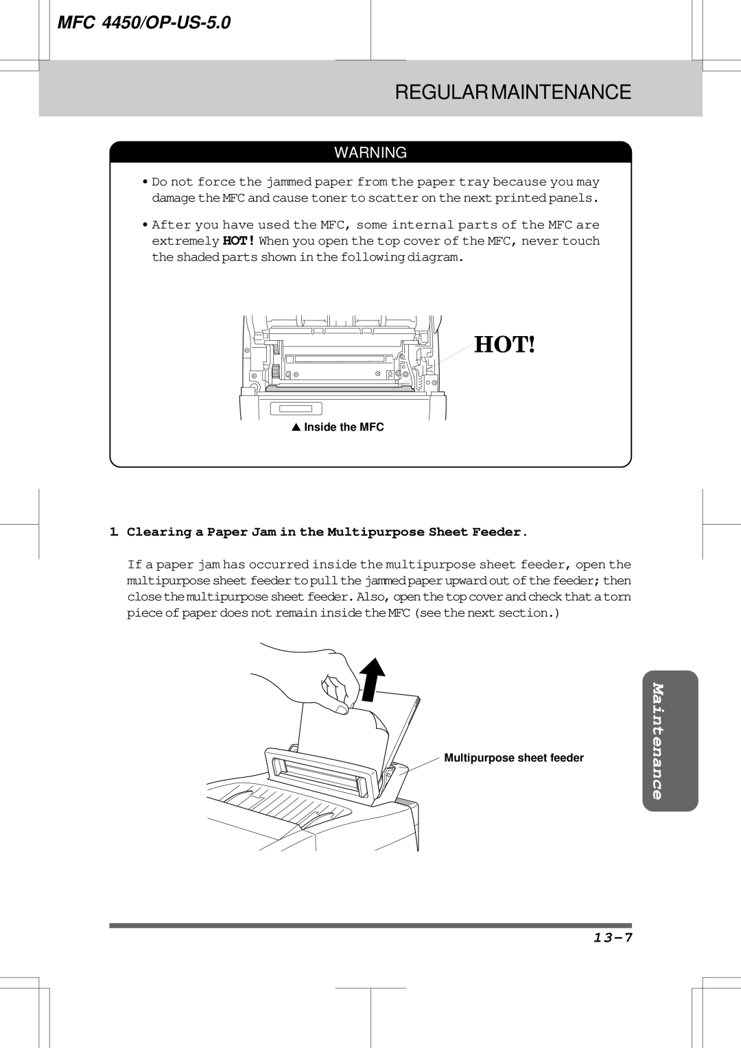 Brother MFC4450 manual 13-7, Clearing a Paper Jam in the Multipurpose Sheet Feeder 