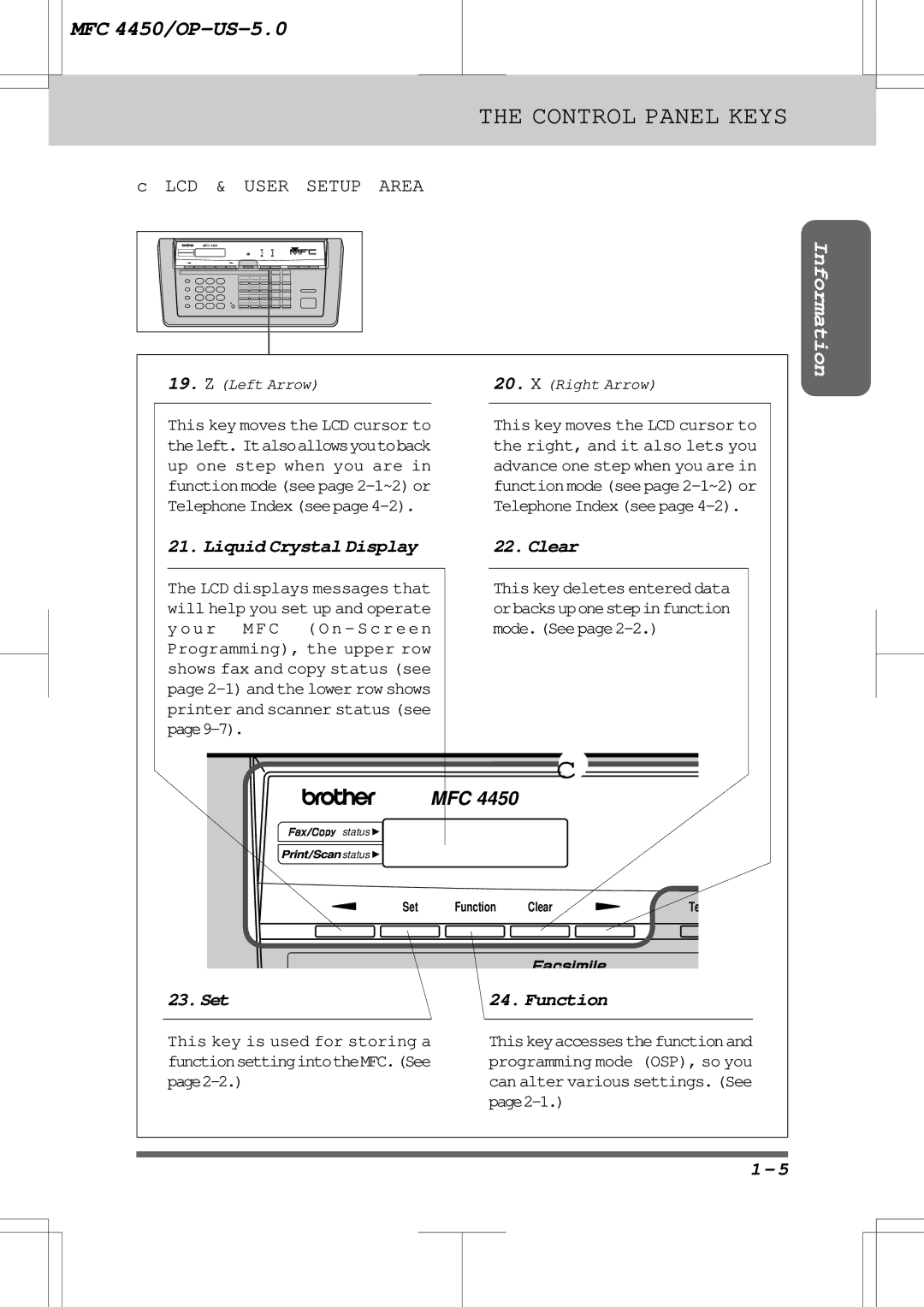 Brother MFC4450 manual Liquid Crystal Display, Clear, Set Function 