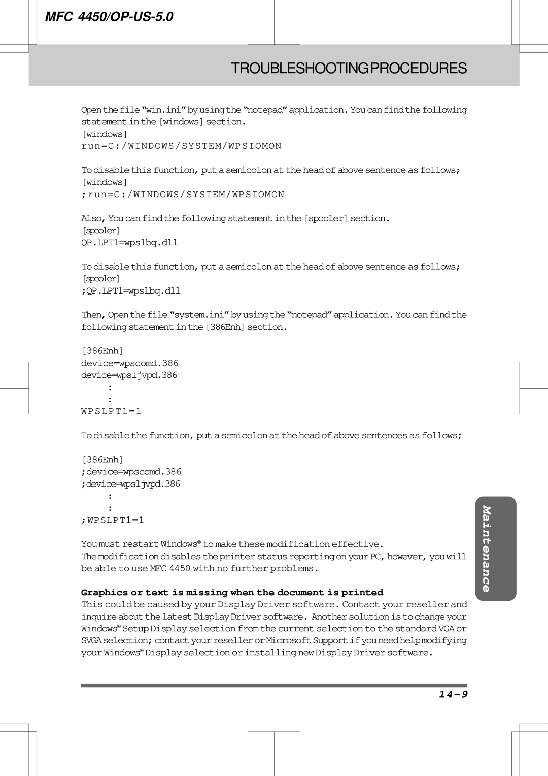 Brother MFC4450 manual 14-9, Windows Run=C/WINDOWS/SYSTEM/WPSIOMON, 386Enh Device=wpscomd.386 Device=wpsljvpd.386 