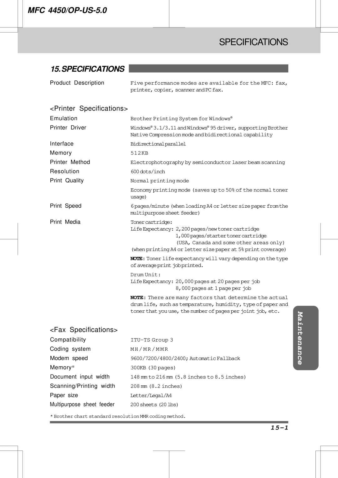 Brother MFC4450 manual Specifications, 15-1 