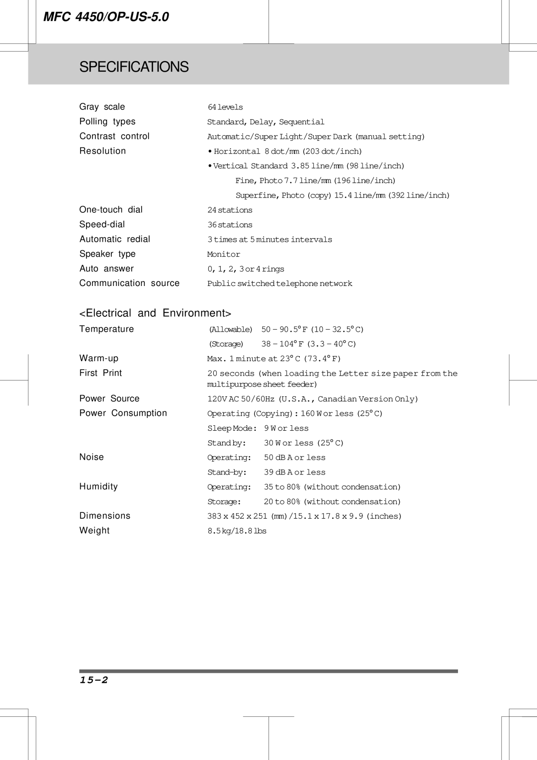 Brother MFC4450 manual Electrical and Environment, 15-2 