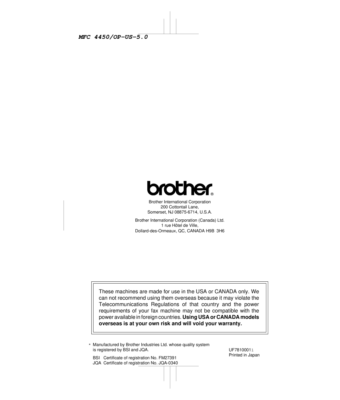 Brother MFC4450 manual MFC 4450/OP-US-5.0 