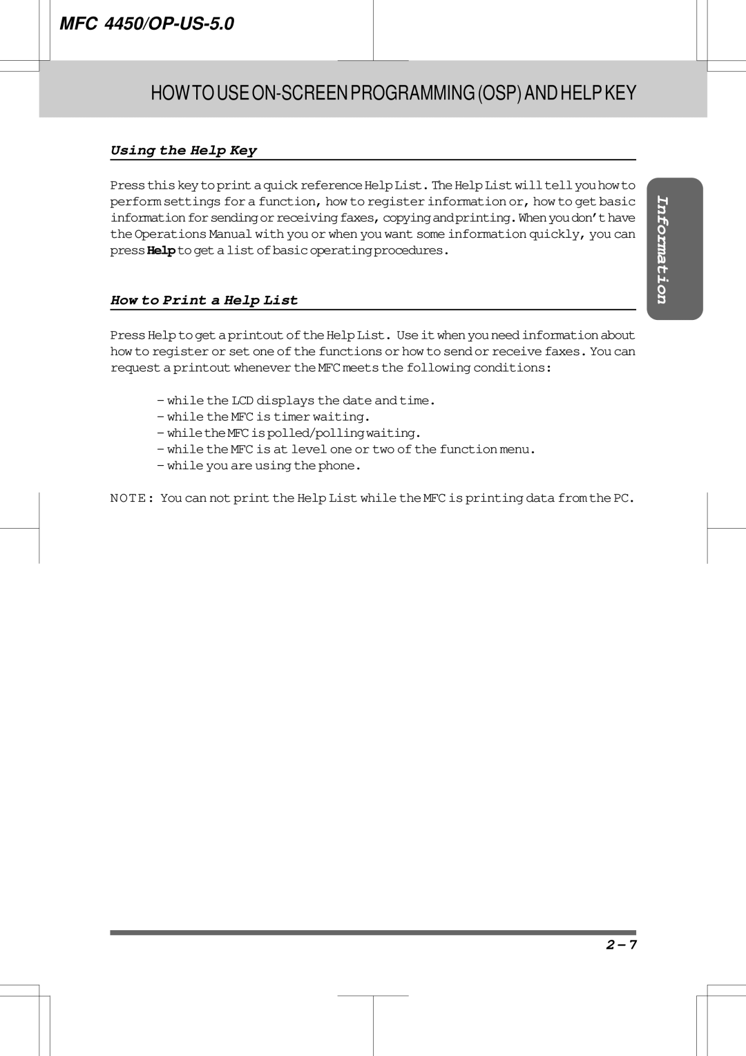 Brother MFC4450 manual Using the Help Key, How to Print a Help List, While you are using the phone 