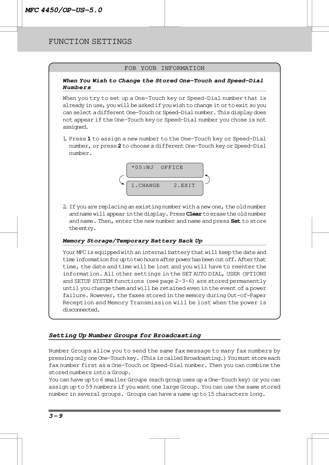 Brother MFC4450 manual Setting Up Number Groups for Broadcasting, Memory Storage/Temporary Battery Back Up 