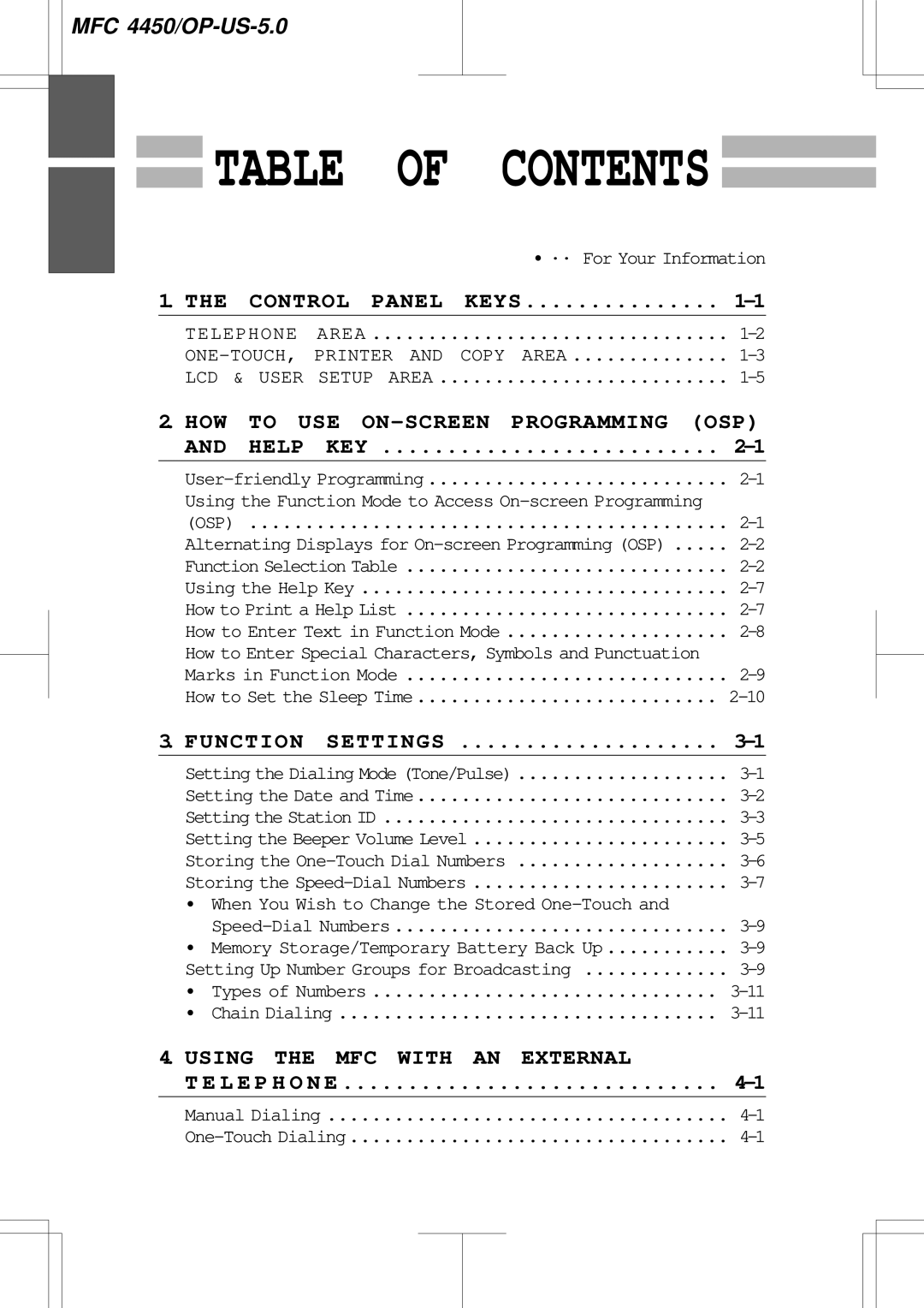 Brother MFC4450 manual Table of Contents 