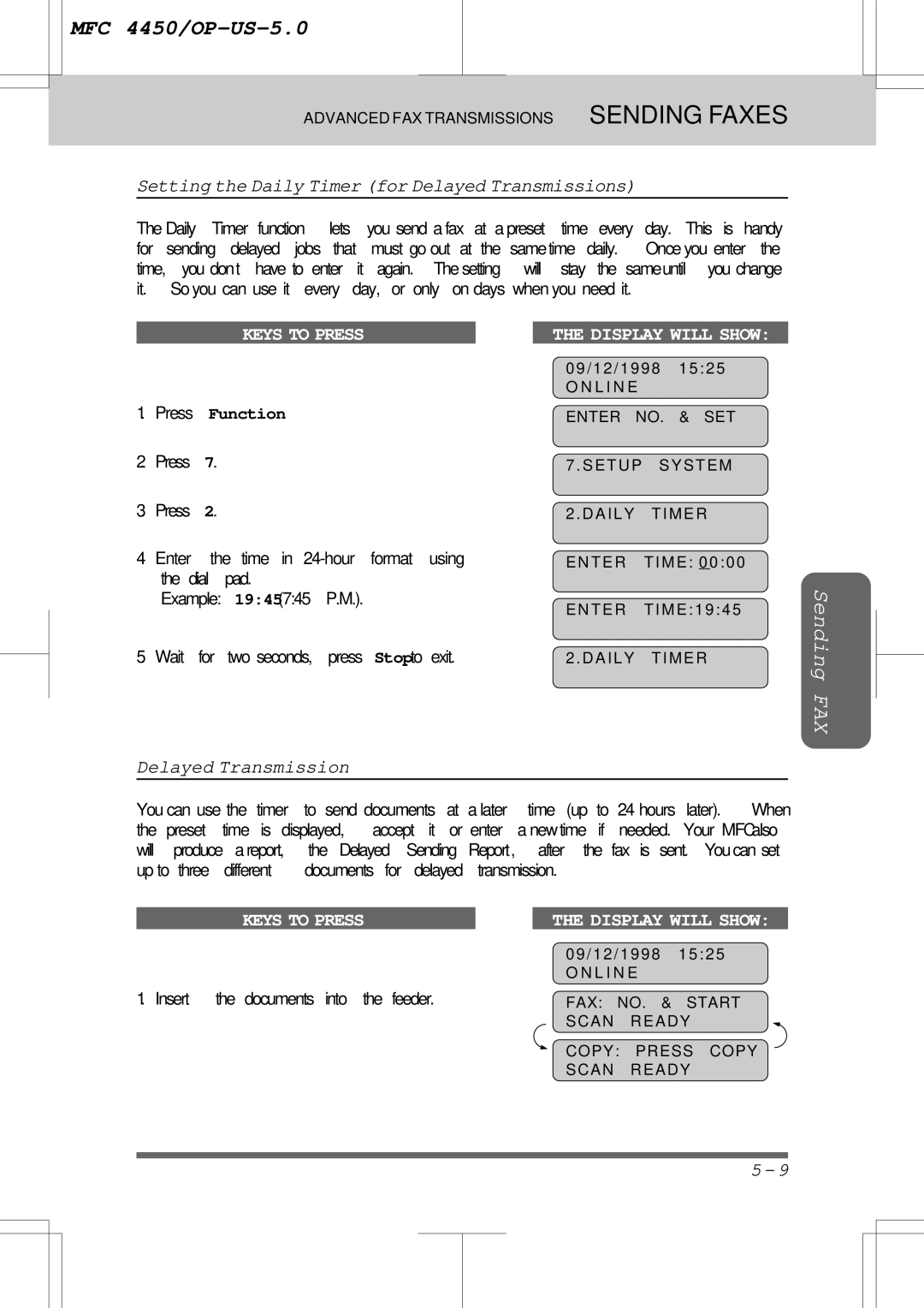 Brother MFC4450 manual Setting the Daily Timer for Delayed Transmissions, Waitfortwoseconds,pressStoptoexit 