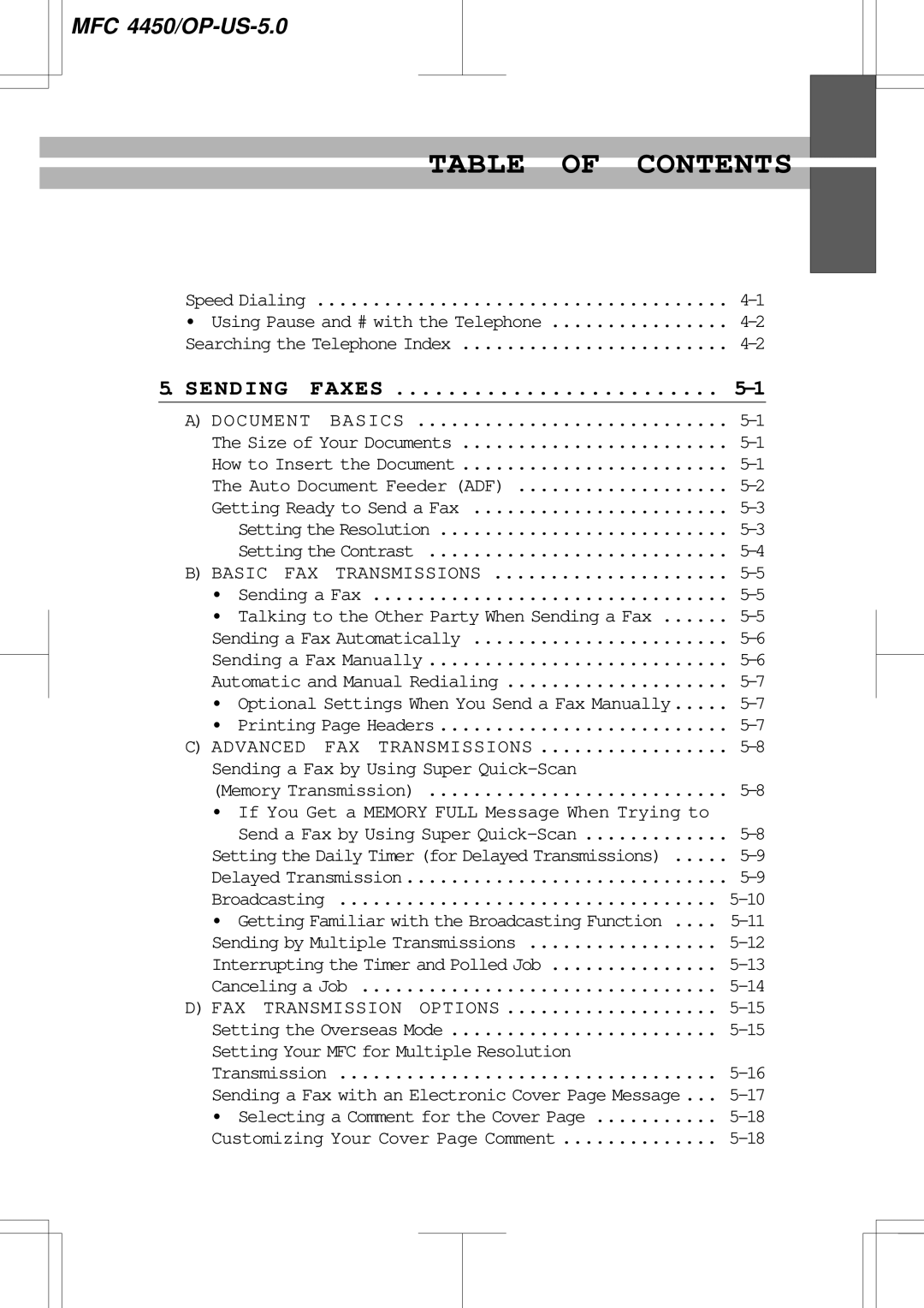 Brother MFC4450 manual Table of Contents 