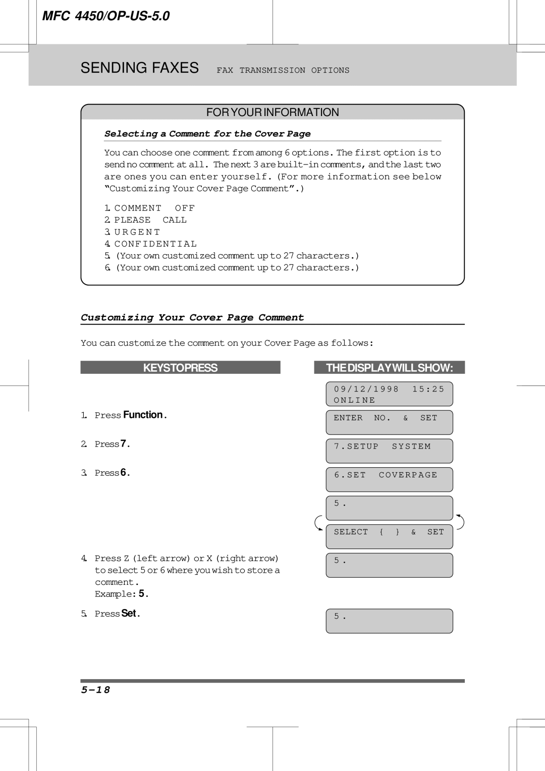 Brother MFC4450 manual Customizing Your Cover Page Comment, Selecting a Comment for the Cover 