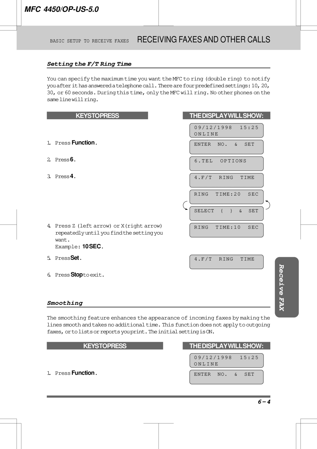 Brother MFC4450 manual Setting the F/T Ring Time, Smoothing, Press6 Press4, Example 10 SEC PressSet, Press Function 