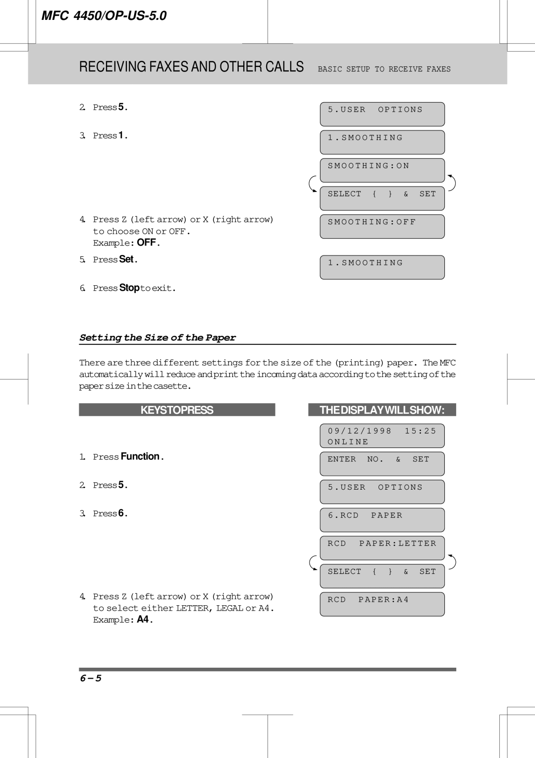 Brother MFC4450 Setting the Size of the Paper, Press5 Press1, To choose on or OFF Example OFF PressSet, Press5 Press6 