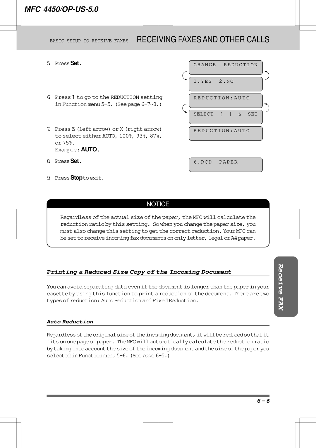 Brother MFC4450 manual Printing a Reduced Size Copy of the Incoming Document, Auto Reduction 