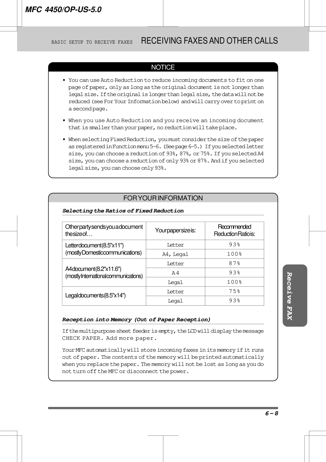 Brother MFC4450 manual Selecting the Ratios of Fixed Reduction, Reception into Memory Out of Paper Reception 