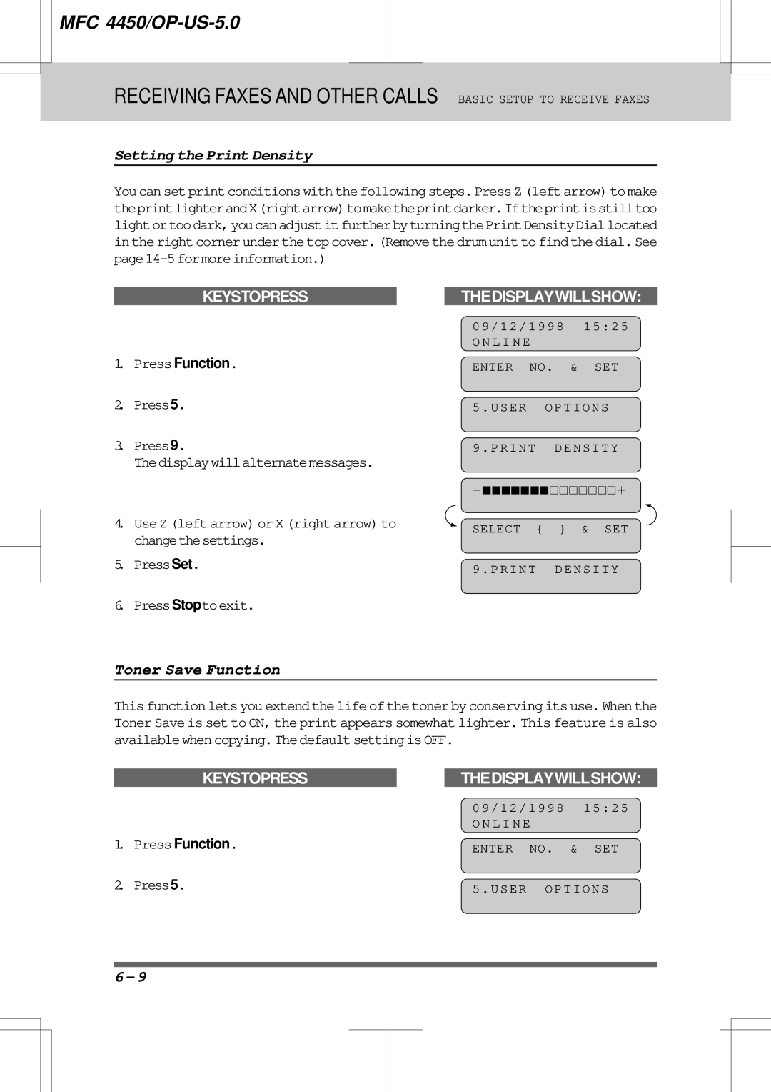 Brother MFC4450 manual Setting the Print Density, Toner Save Function 