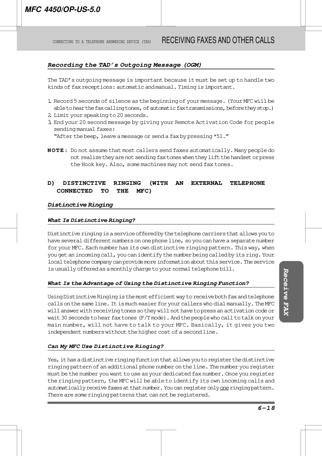 Brother MFC4450 manual Recording the TAD’s Outgoing Message OGM, What Is Distinctive Ringing? 