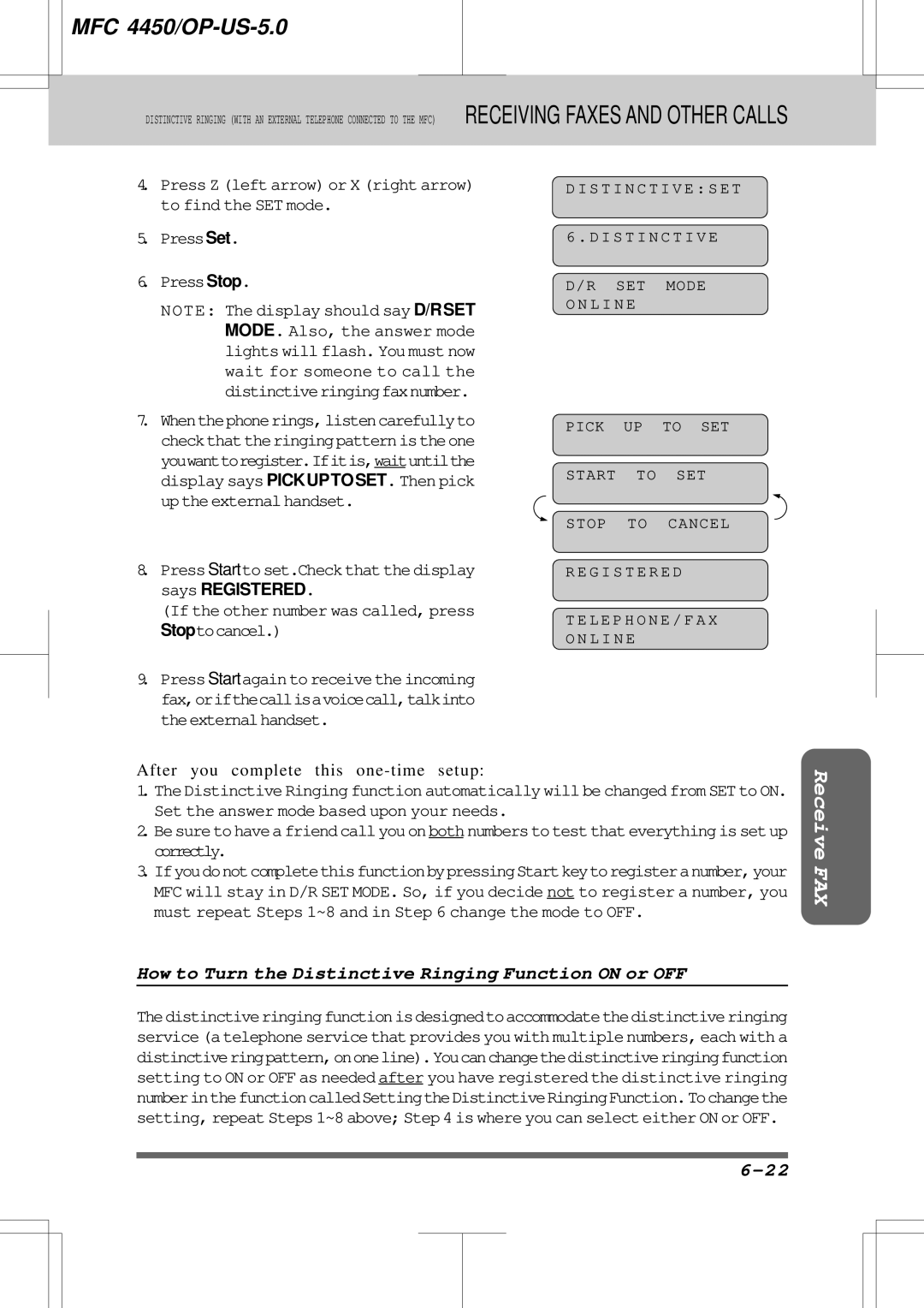 Brother MFC4450 manual How to Turn the Distinctive Ringing Function on or OFF, PressSet PressStop 