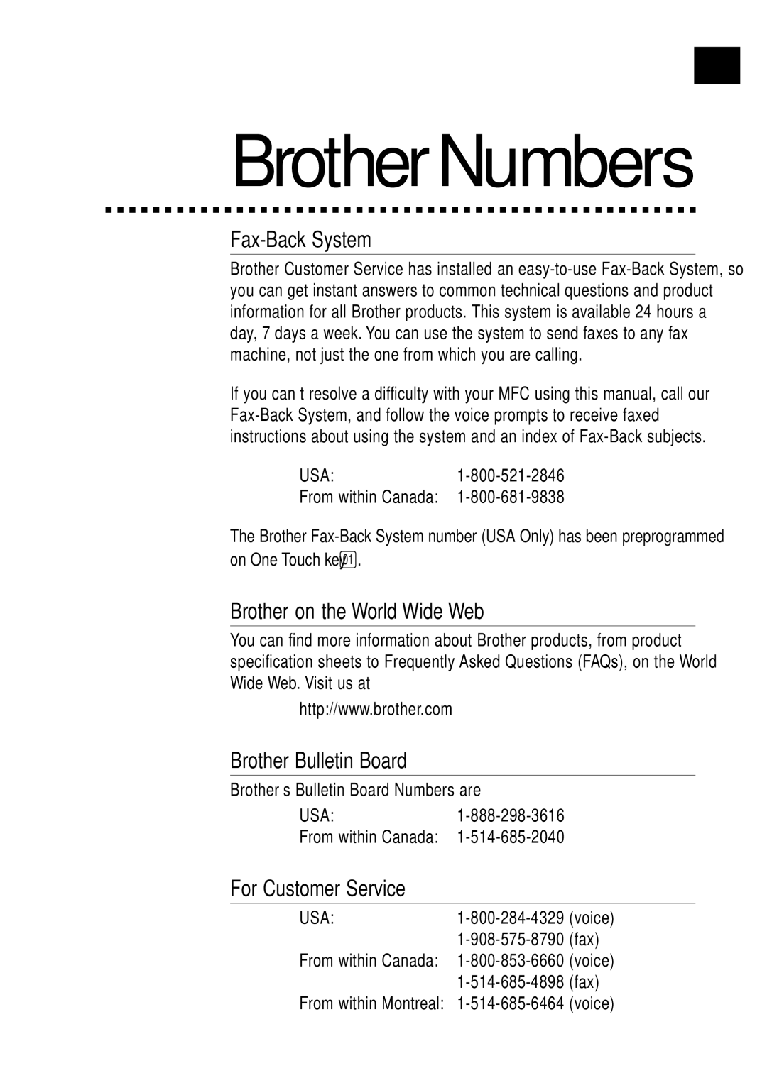 Brother MFC7150C, MFC7160C Fax-Back System, Brother on the World Wide Web, Brother Bulletin Board, For Customer Service 