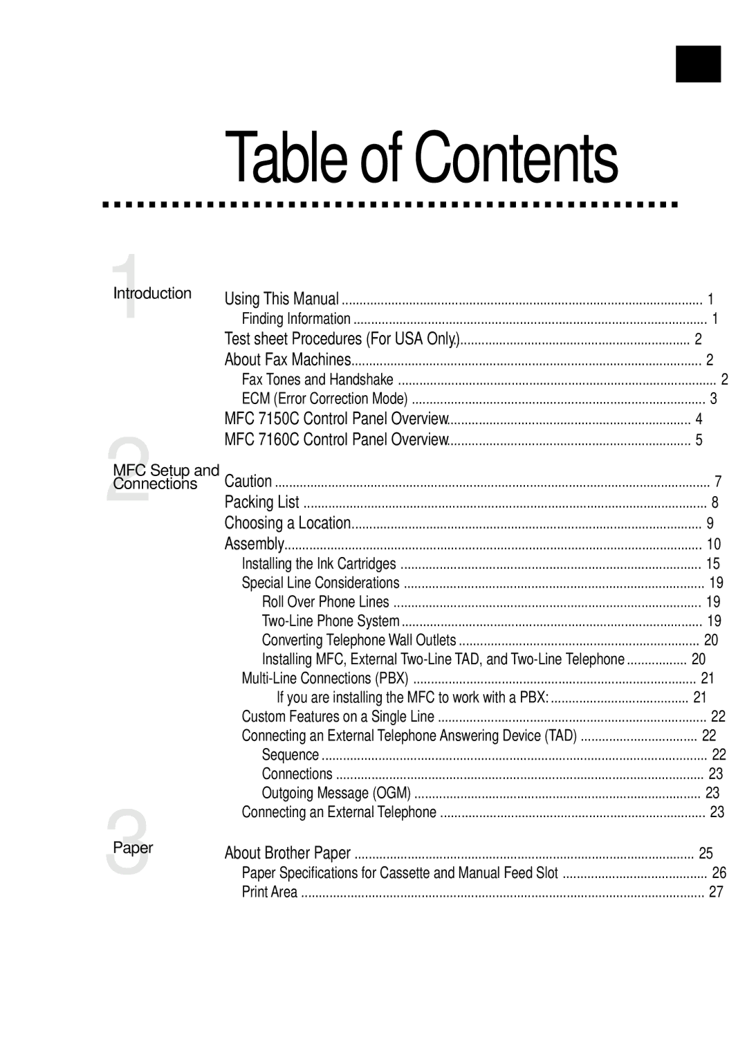 Brother MFC7150C, MFC7160C owner manual Table of Contents 