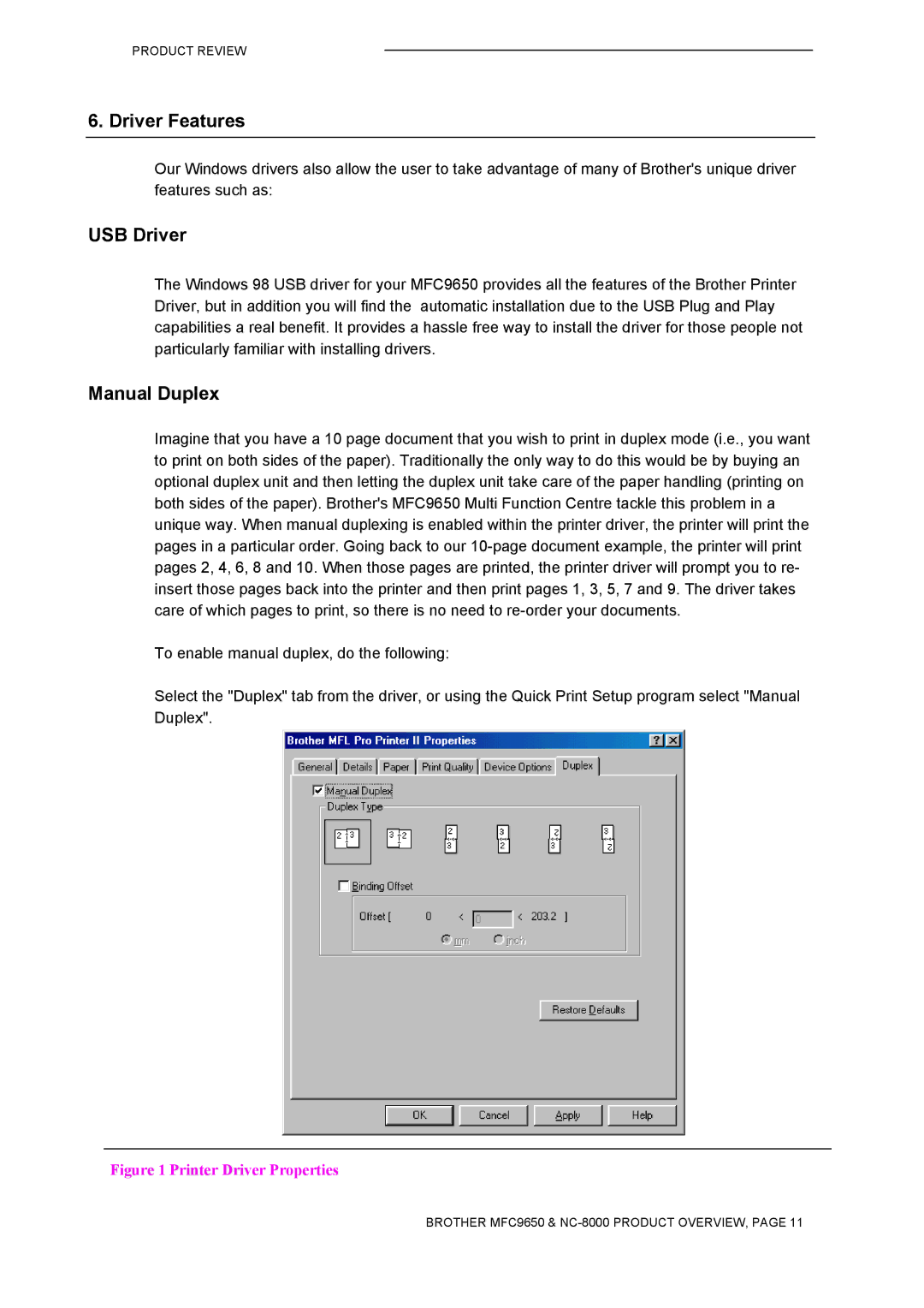 Brother MFC9650 Series manual Driver Features, USB Driver, Manual Duplex 