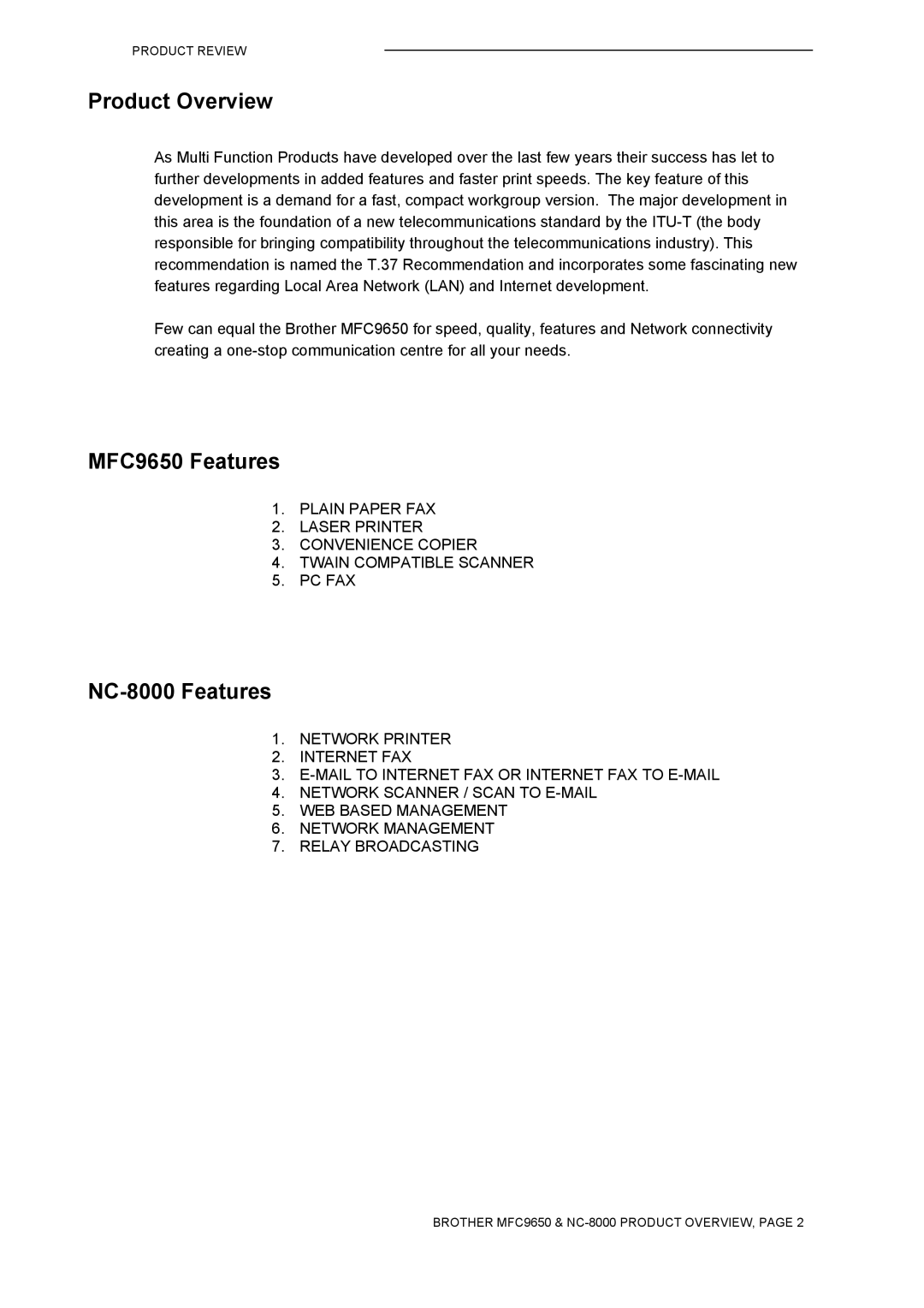 Brother MFC9650 Series manual MFC9650 Features, NC-8000 Features 