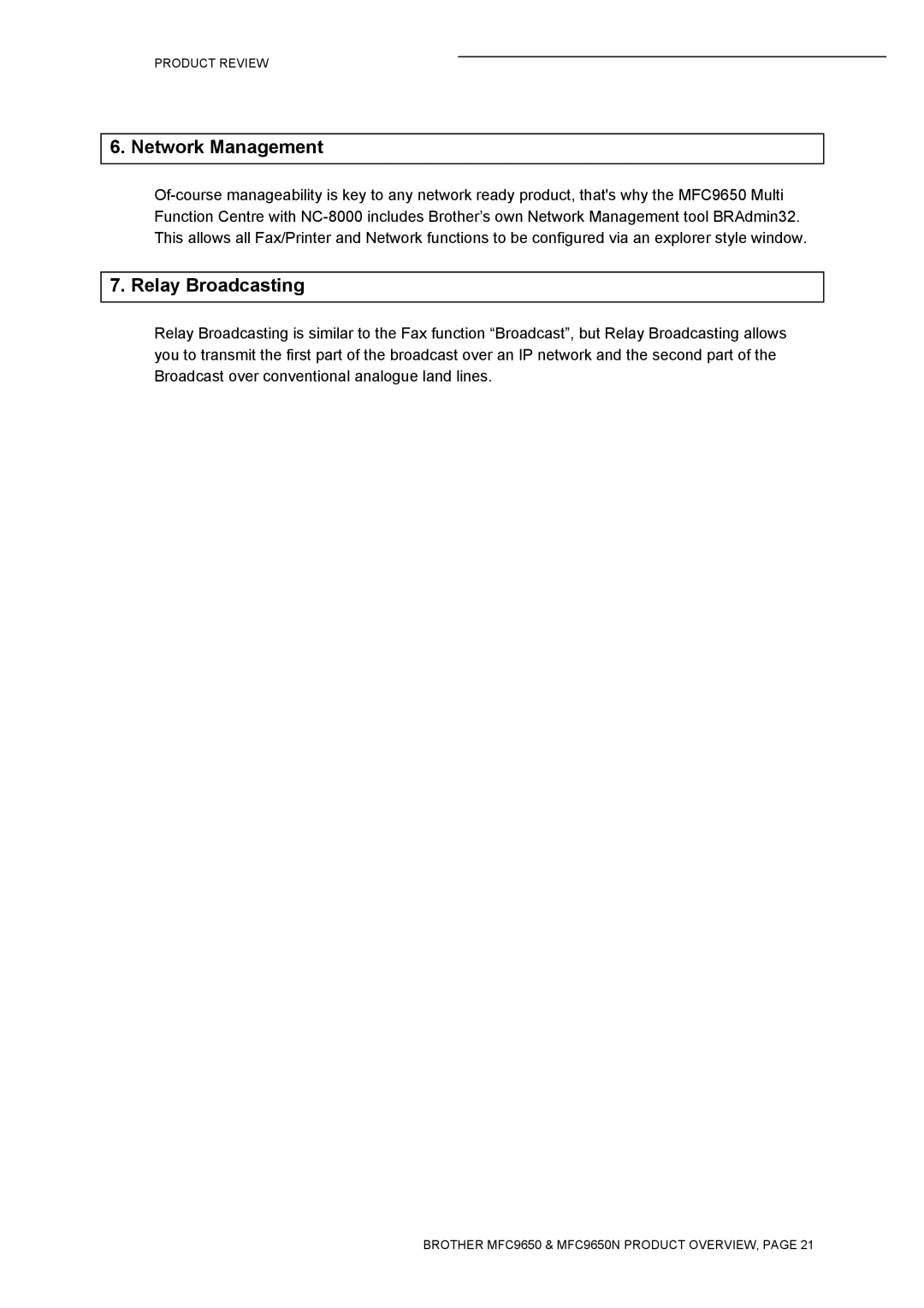 Brother MFC9650 Series manual Network Management, Relay Broadcasting 