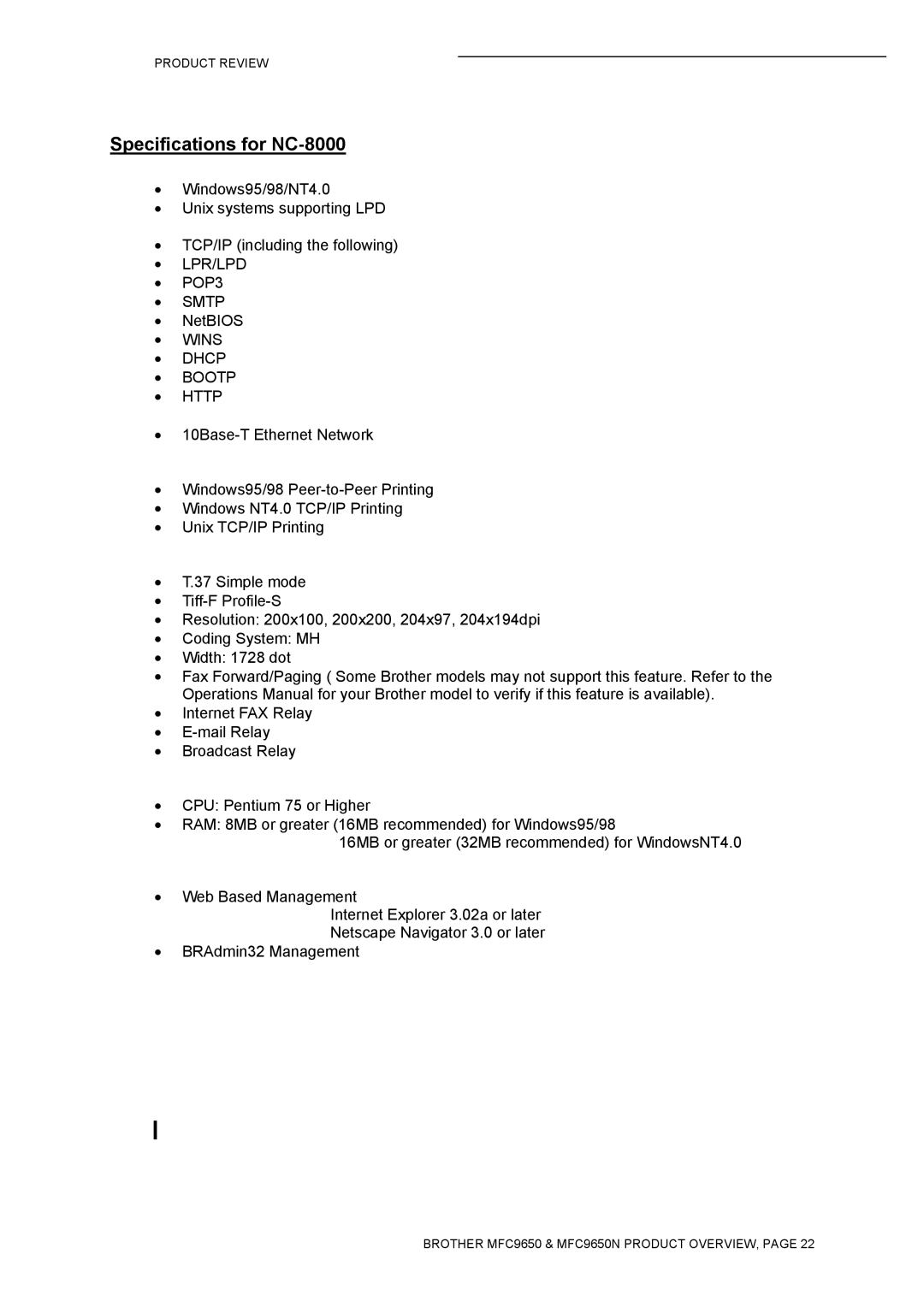 Brother MFC9650 Series manual Specifications for NC-8000, Wins Dhcp Bootp Http 