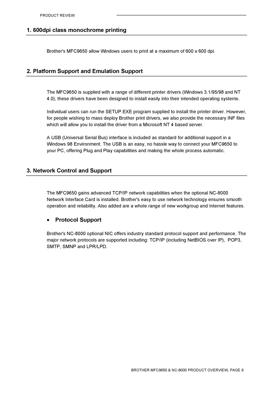 Brother MFC9650 Series manual 600dpi class monochrome printing, Protocol Support 